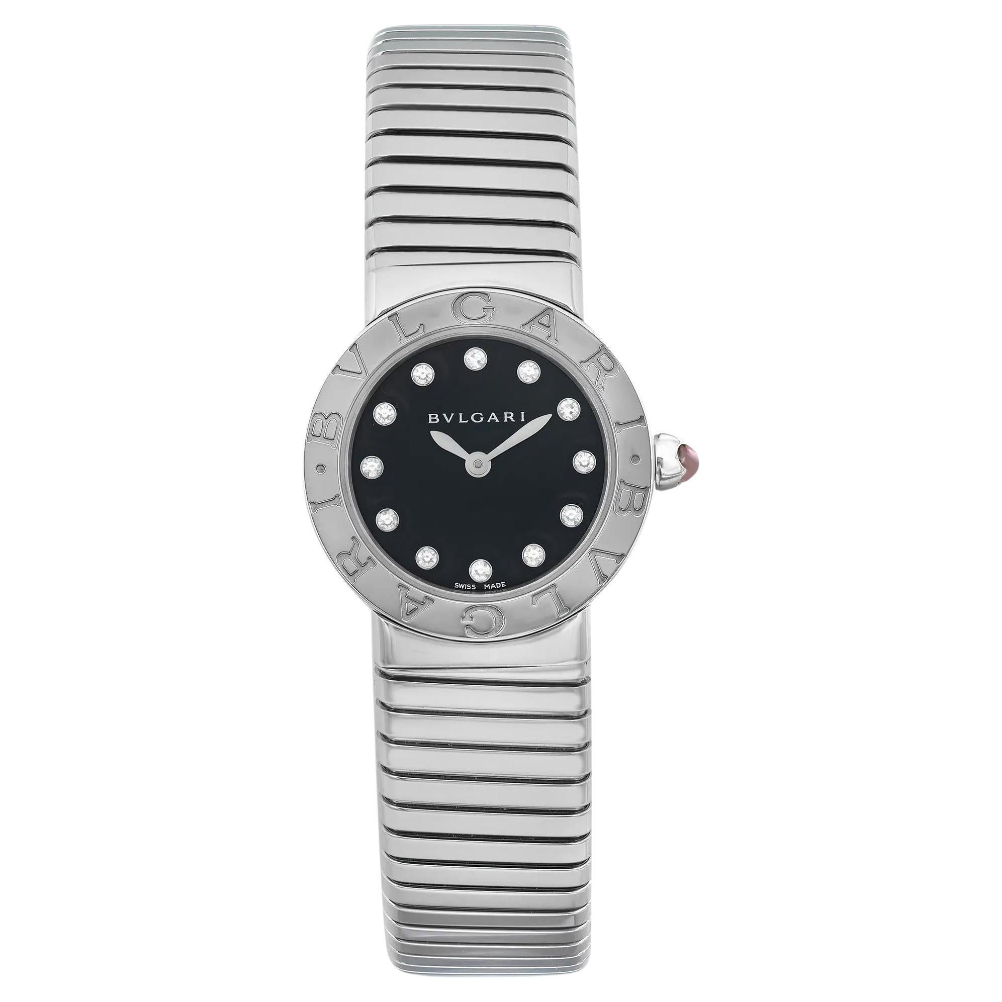 New Blvgari Bulgari 26mm Steel Diamond Black Dial Ladies Quartz Watch 102145
