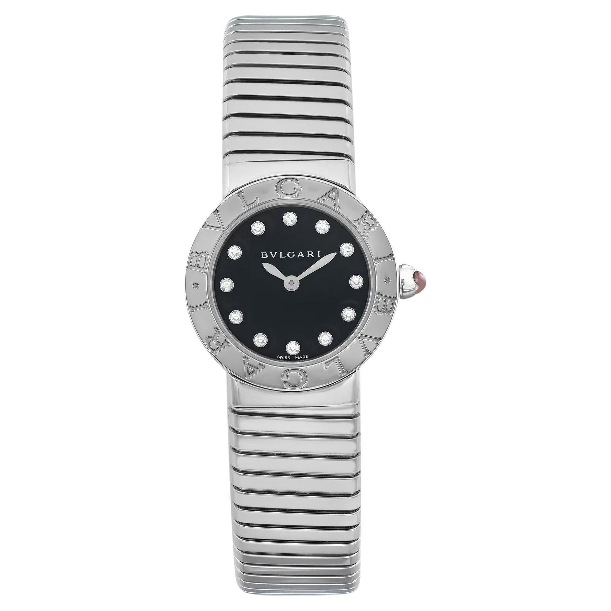 Blvgari Bulgari 26mm Steel Diamond Black Dial Montre à quartz pour femmes 102145