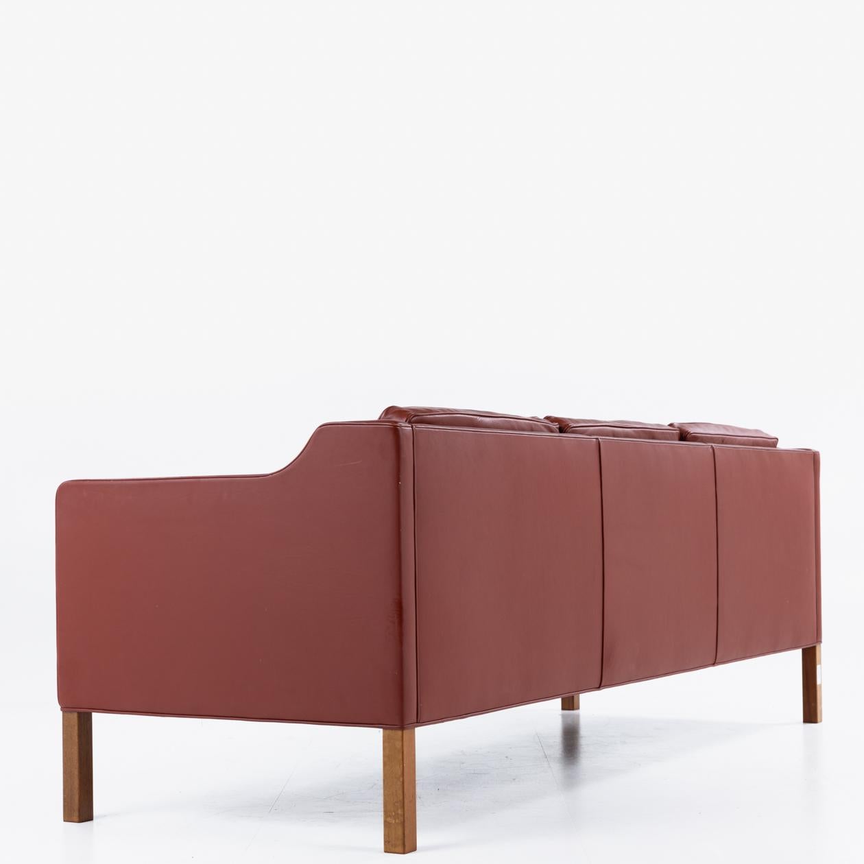 BM 2213 three seater in patinated red leather and legs in mahogany. Børge Mogensen / Fredericia Furniture
