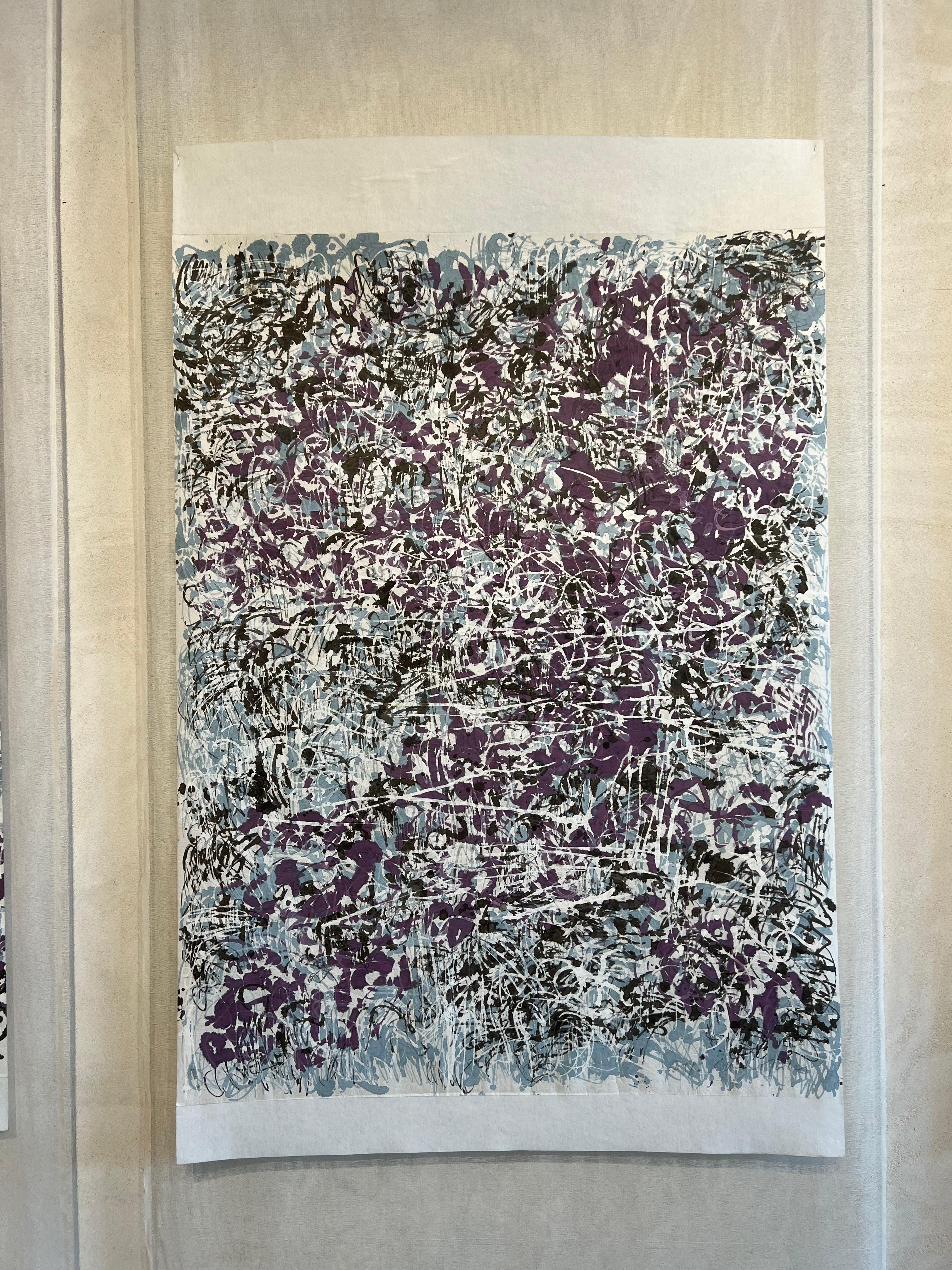 Ink on rice paper and felt. Expanded Landscape, Blue and purple large painting 1