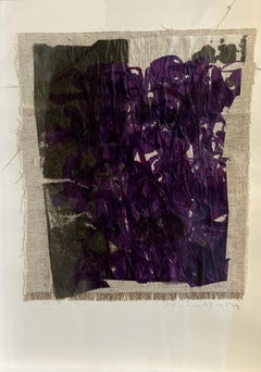 dessin original encadré avec papier de riz et coton, violet en or