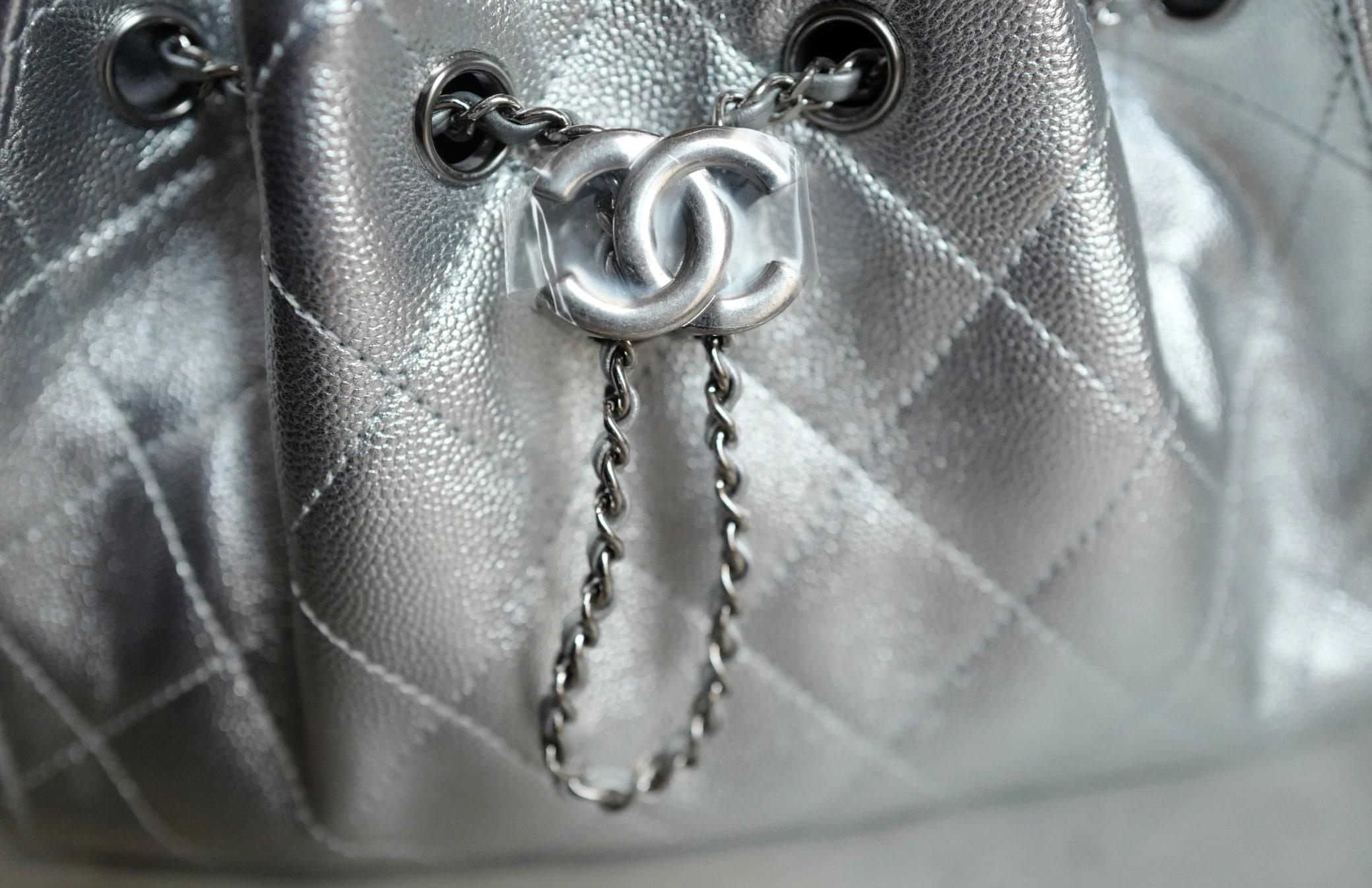 BNIB Chanel 26C Mini Hobo Metallic Silver Grained Calfskin Shoulder Bag 6