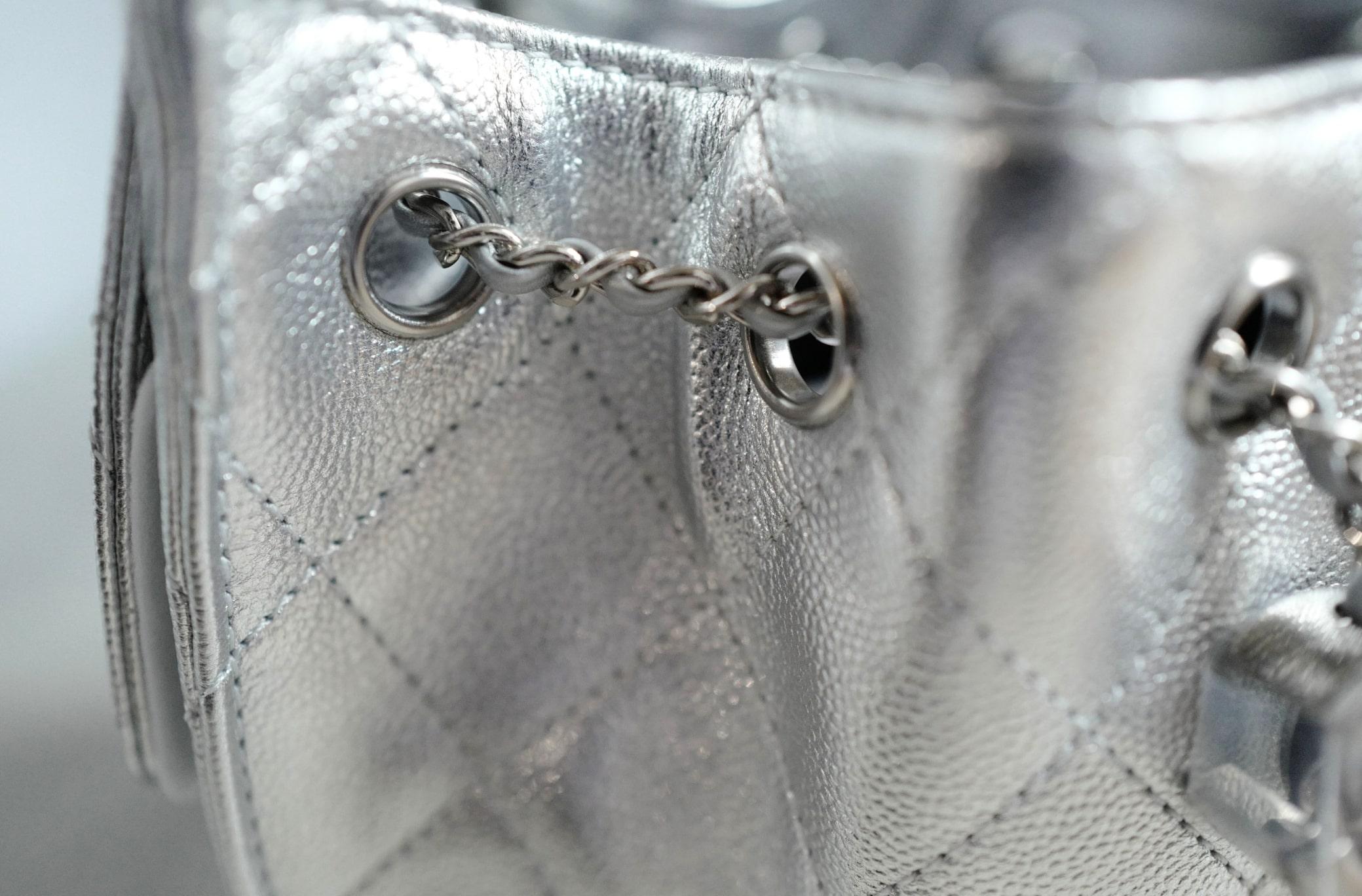 BNIB Chanel 26C Mini Hobo Metallic Silver Grained Calfskin Shoulder Bag 10