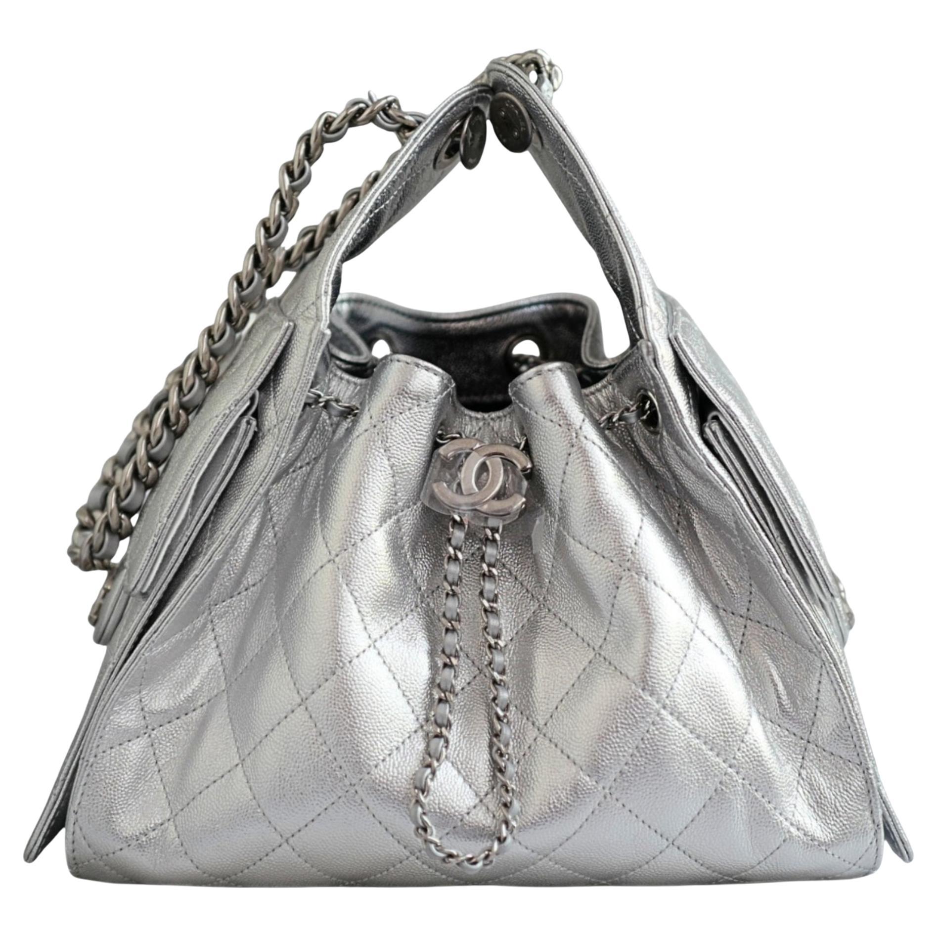 BNIB Chanel 26C Small Hobo Metallic Silver Grained Calfskin Shoulder Bag