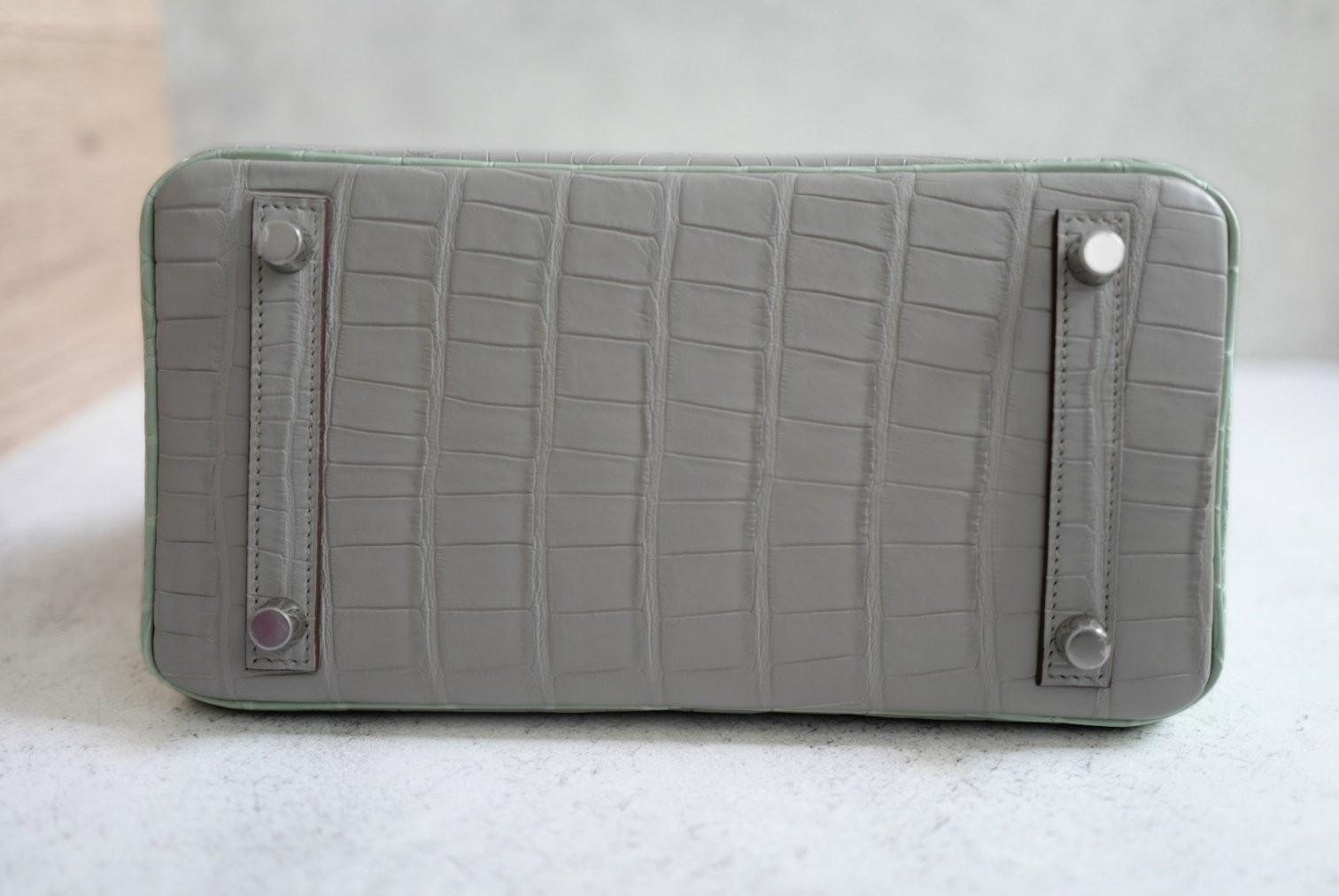 BNIB Hermes Birkin 25 HSS Gris Perle/Vert D’eau Matte Crocodile Brushed Palladiu en venta 6