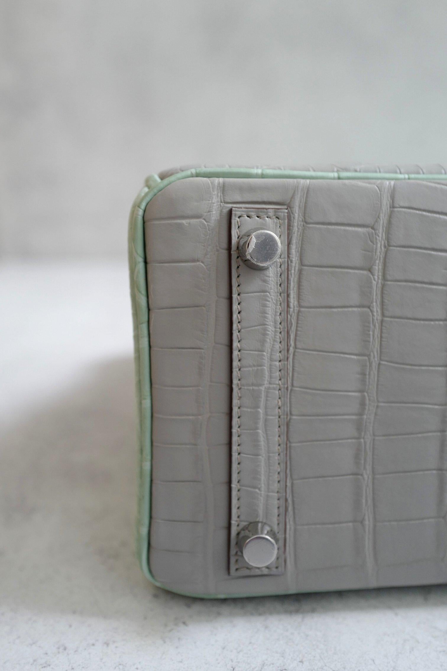 BNIB Hermes Birkin 25 HSS Gris Perle/Vert D’eau Matte Crocodile Brushed Palladiu en venta 7