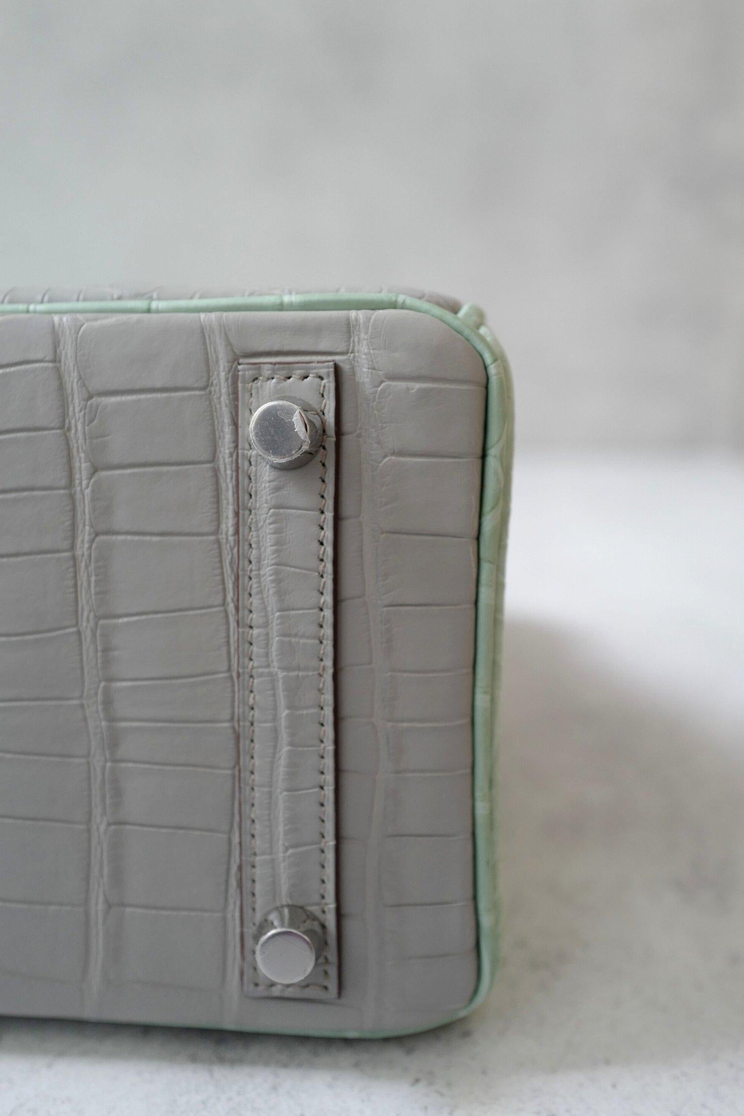 BNIB Hermes Birkin 25 HSS Gris Perle/Vert D’eau Matte Crocodile Brushed Palladiu en venta 8