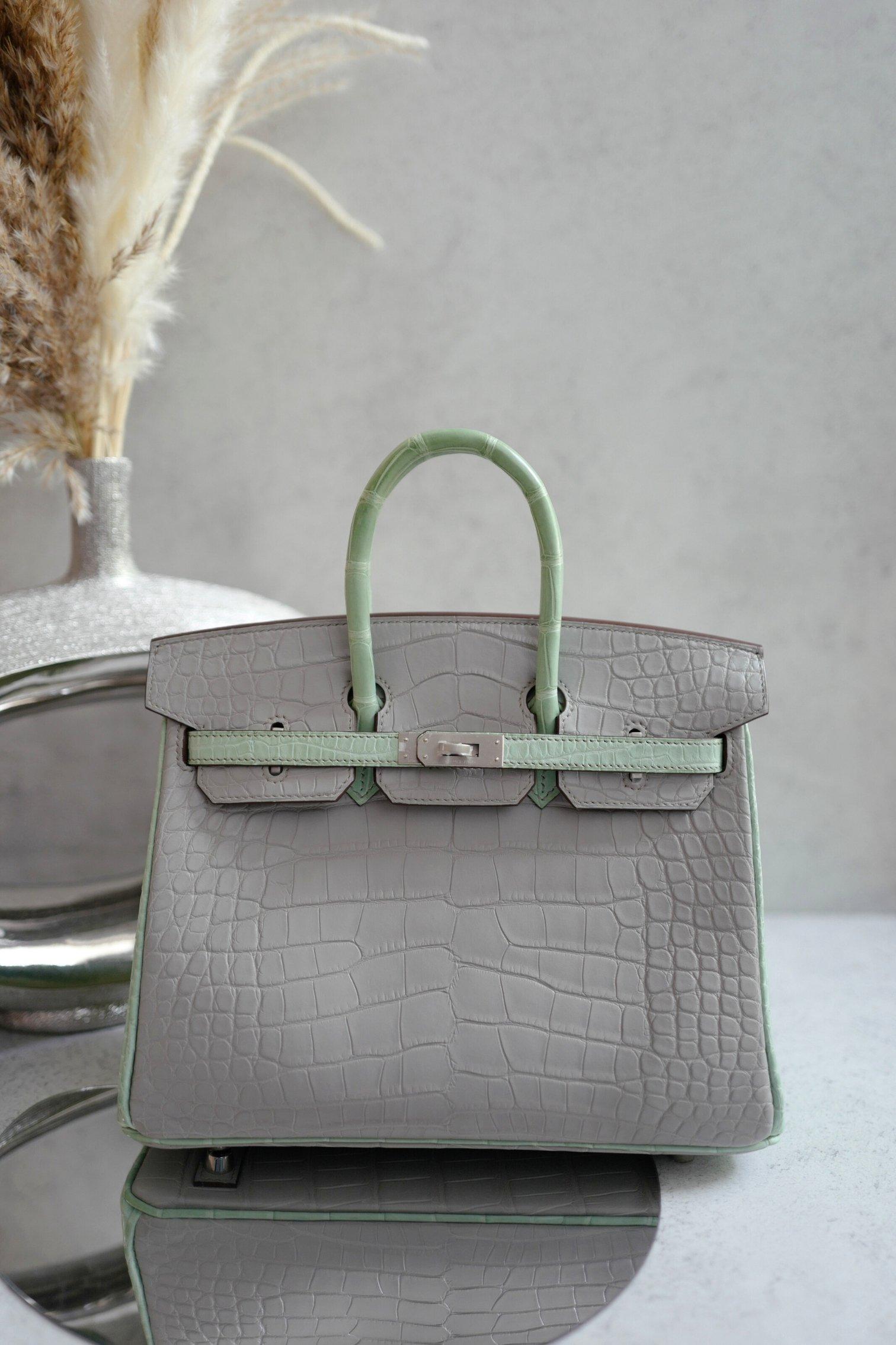 BNIB Hermes Birkin 25 HSS Gris Perle/Vert D’eau Matte Crocodile Brushed Palladiu en venta 9