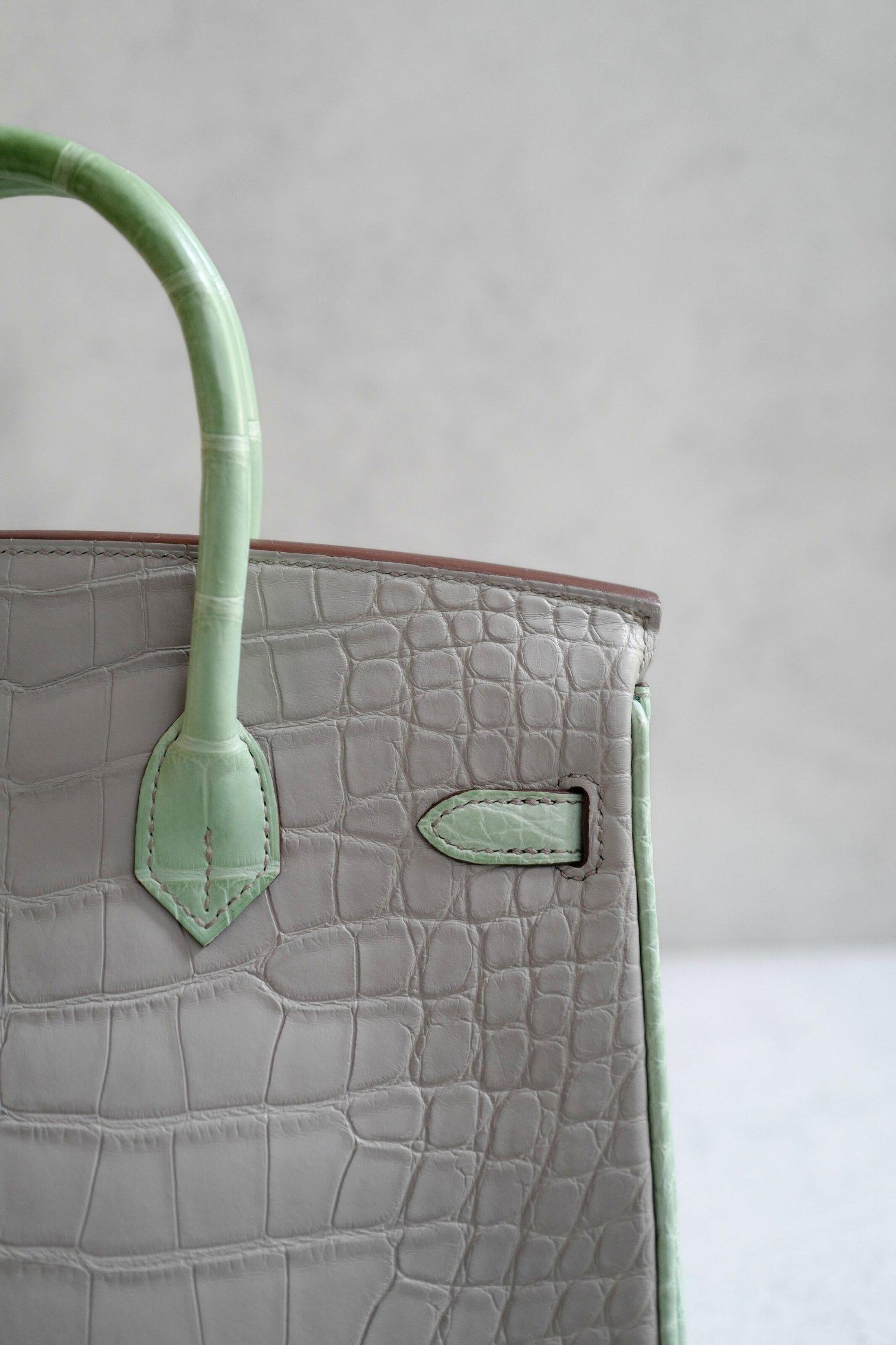 BNIB Hermes Birkin 25 HSS Gris Perle/Vert D’eau Matte Crocodile Brushed Palladiu en venta 10