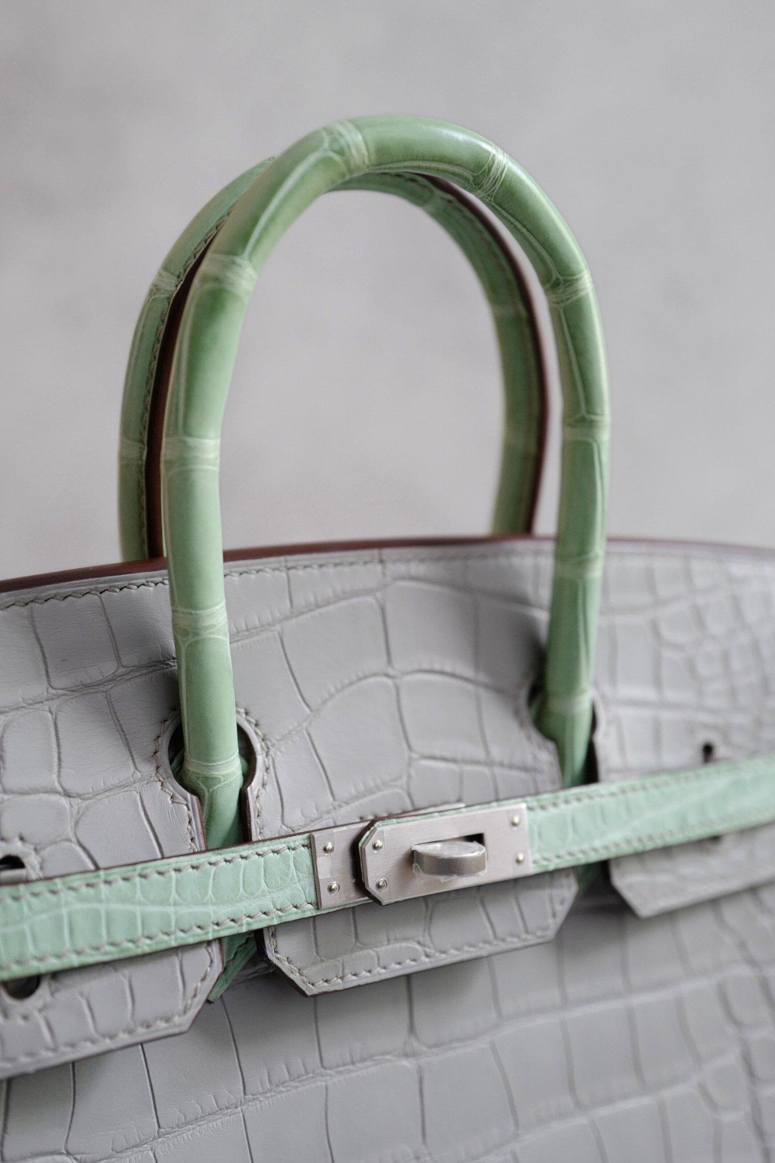BNIB Hermes Birkin 25 HSS Gris Perle/Vert D’eau Matte Crocodile Brushed Palladiu en venta 11