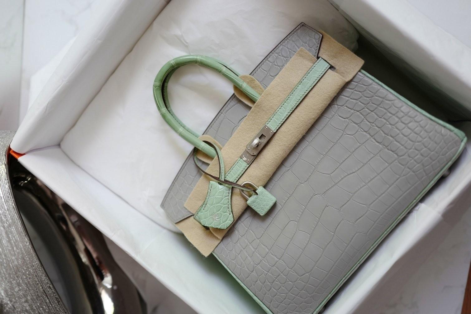 BNIB Hermes Birkin 25 HSS Gris Perle/Vert D’eau Matte Crocodile Brushed Palladiu en venta 16