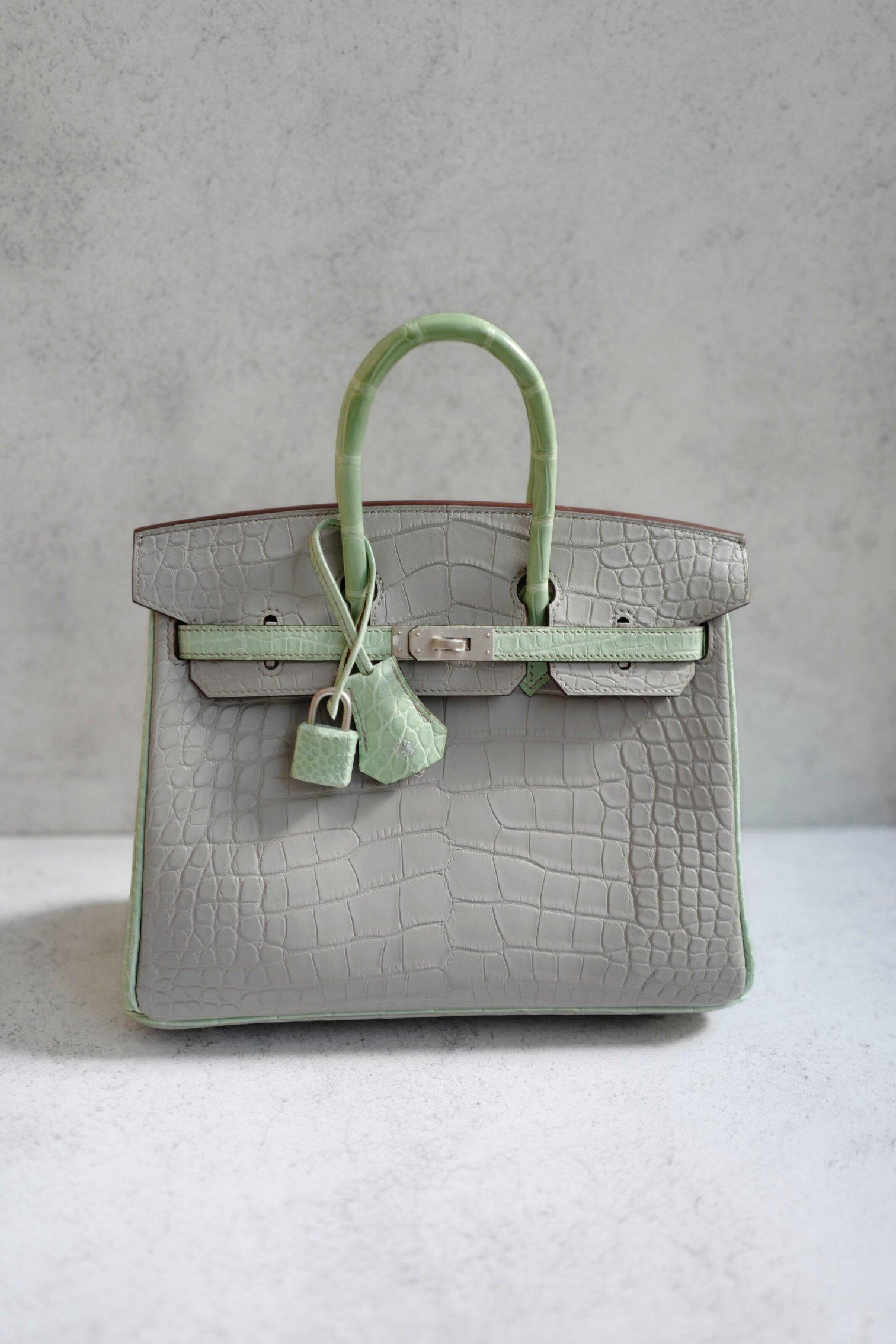 BNIB Hermes Birkin 25 HSS Gris Perle/Vert D’eau Matte Crocodile Brushed Palladiu en Nuevo estado para la venta en Forest Park, GA