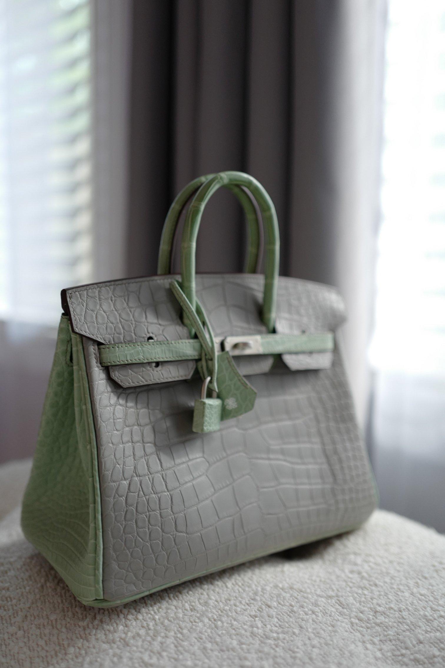 De las mujeres BNIB Hermes Birkin 25 HSS Gris Perle/Vert D’eau Matte Crocodile Brushed Palladiu en venta