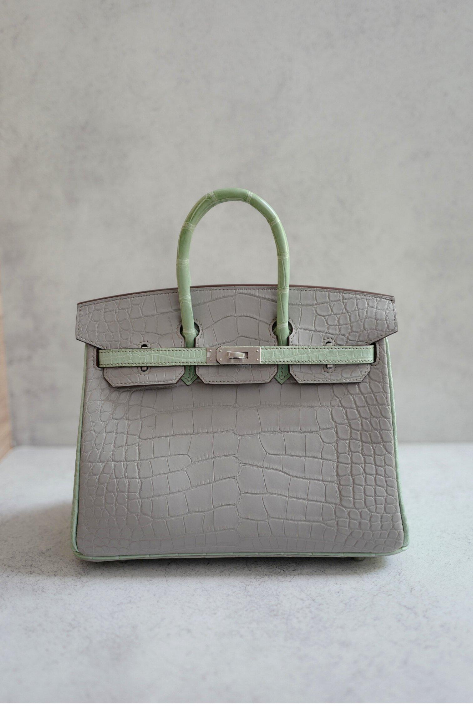 BNIB Hermes Birkin 25 HSS Gris Perle/Vert D’eau Matte Crocodile Brushed Palladiu en venta 1