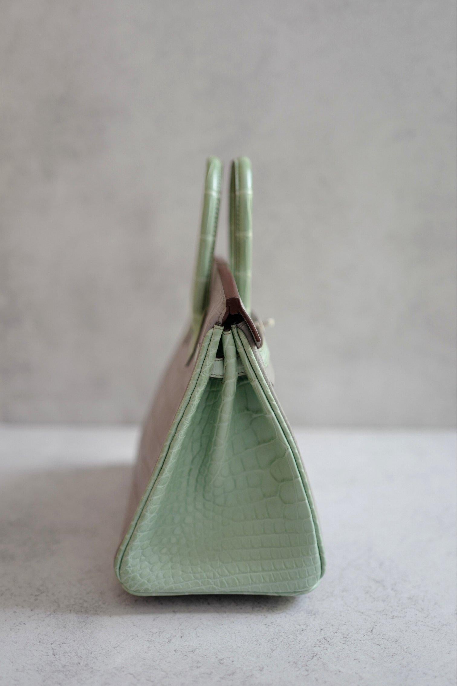 BNIB Hermes Birkin 25 HSS Gris Perle/Vert D’eau Matte Crocodile Brushed Palladiu en venta 2