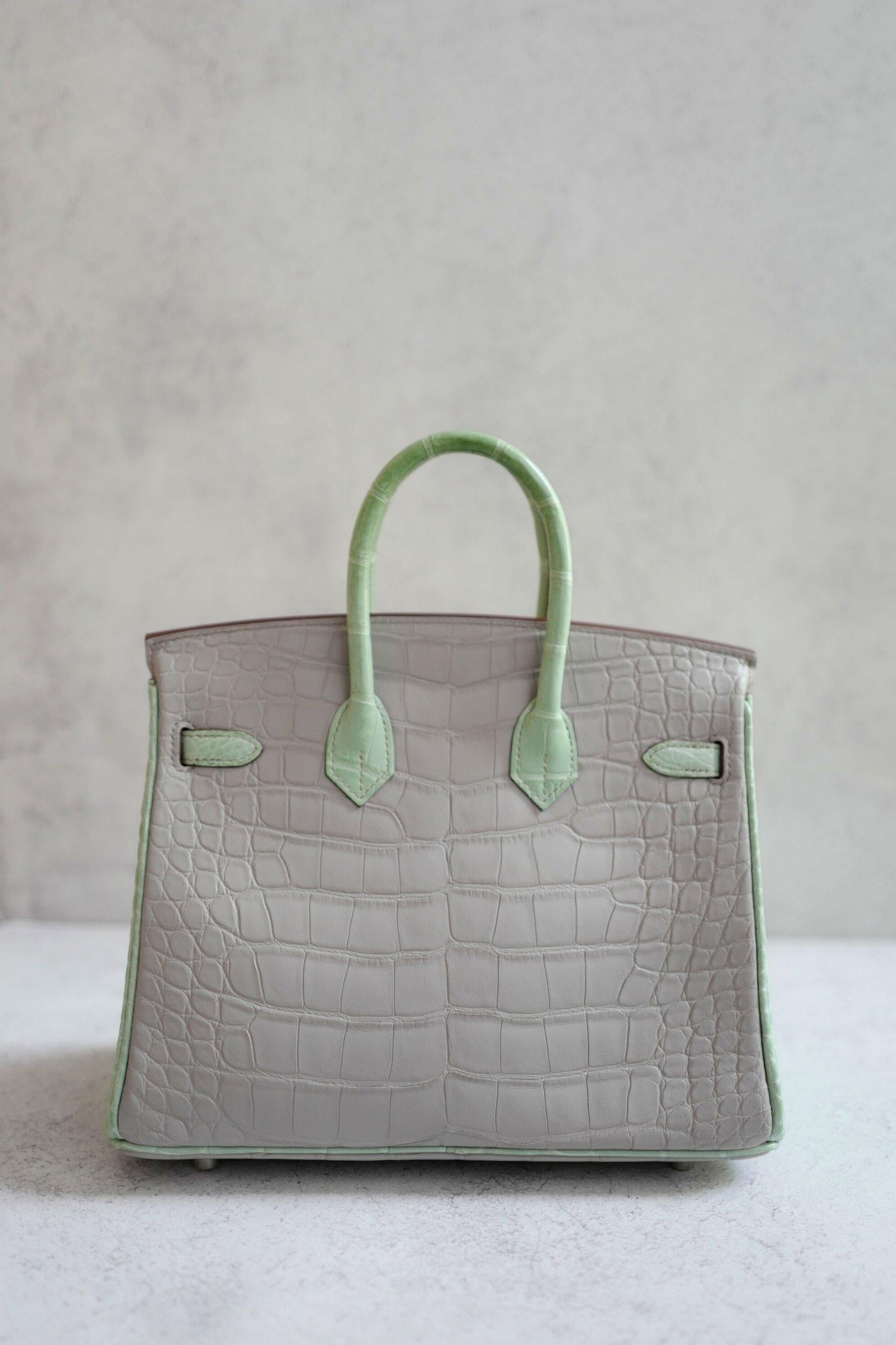 BNIB Hermes Birkin 25 HSS Gris Perle/Vert D’eau Matte Crocodile Brushed Palladiu en venta 4