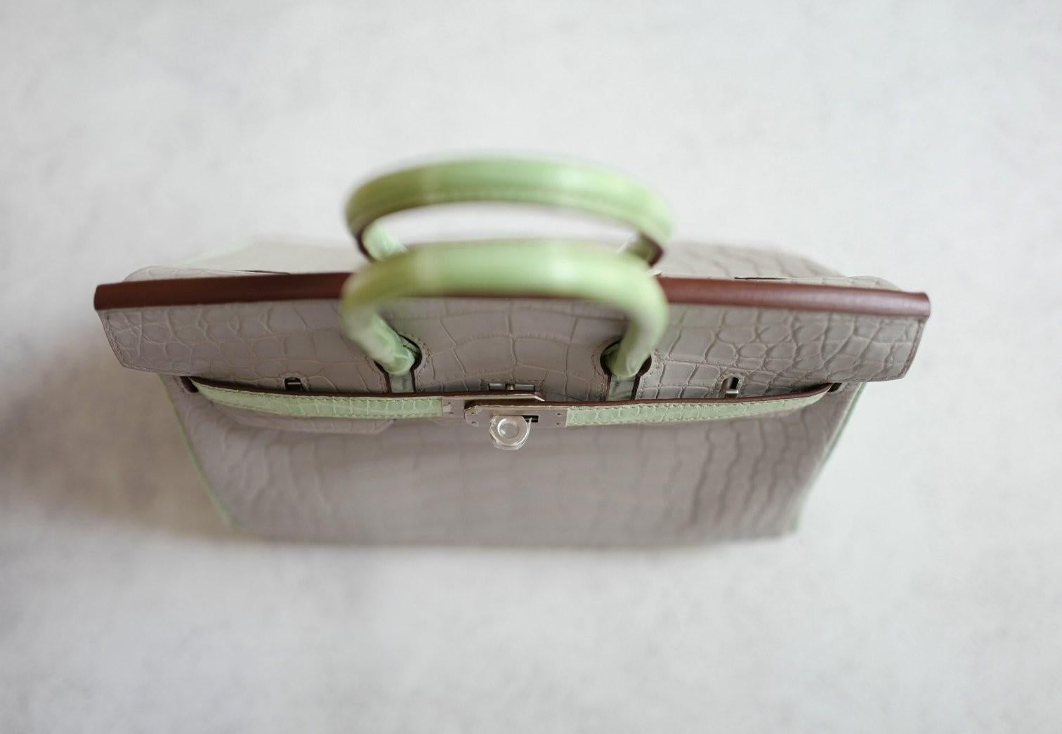 BNIB Hermes Birkin 25 HSS Gris Perle/Vert D’eau Matte Crocodile Brushed Palladiu en venta 5