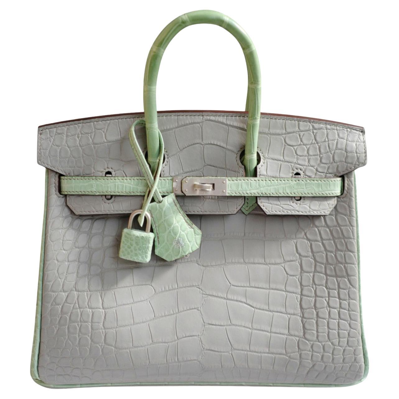 BNIB Hermes Birkin 25 HSS Gris Perle/Vert D’eau Matte Crocodile Brushed Palladiu en venta