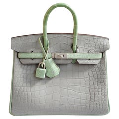 BNIB Hermes Birkin 25 HSS Gris Perle/Vert D’eau Matte Crocodile Brushed Palladiu
