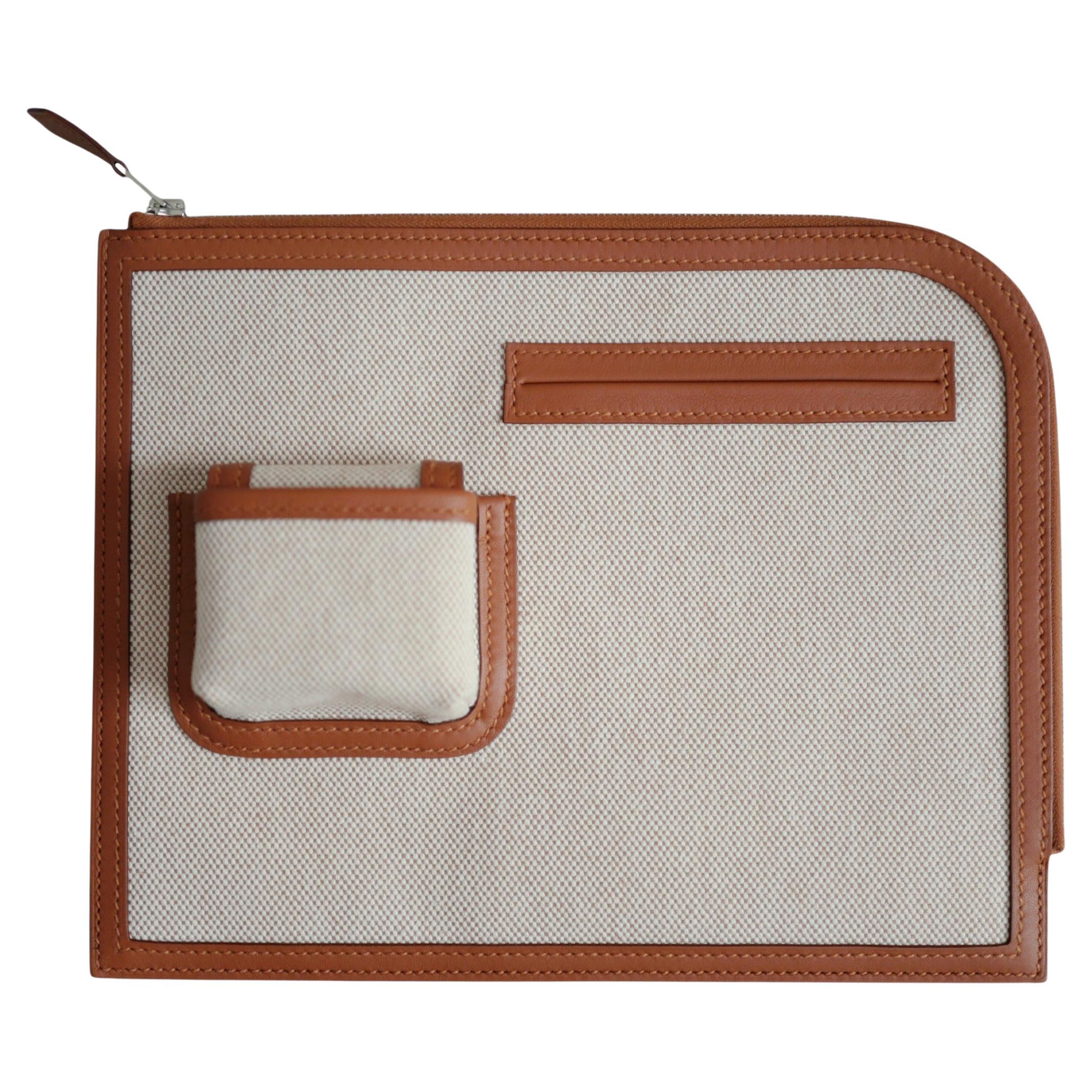 BNIB Hermès H Swift Canvas Cargo Travel Pouch in Ecru-Gold with Palladium HW For Sale