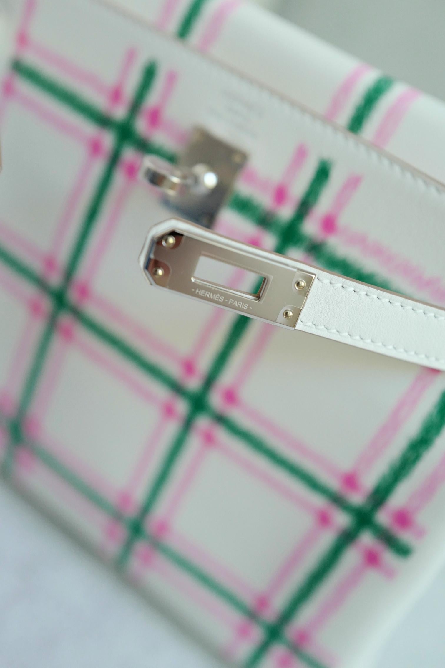 BNIB Hermès Kelly 25 Sellier Tartan Pattern White Leather Handbag PHW in vendita 6
