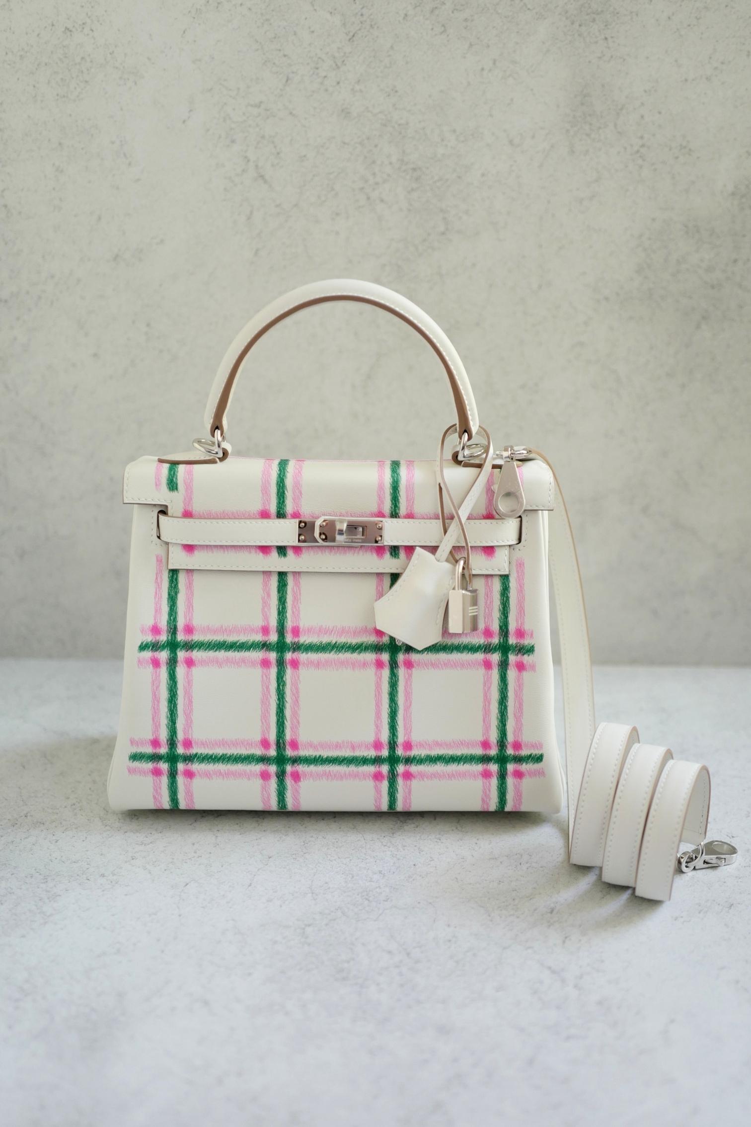 BNIB Hermès Kelly 25 Sellier Tartan Pattern White Leather Handbag PHW in vendita 10