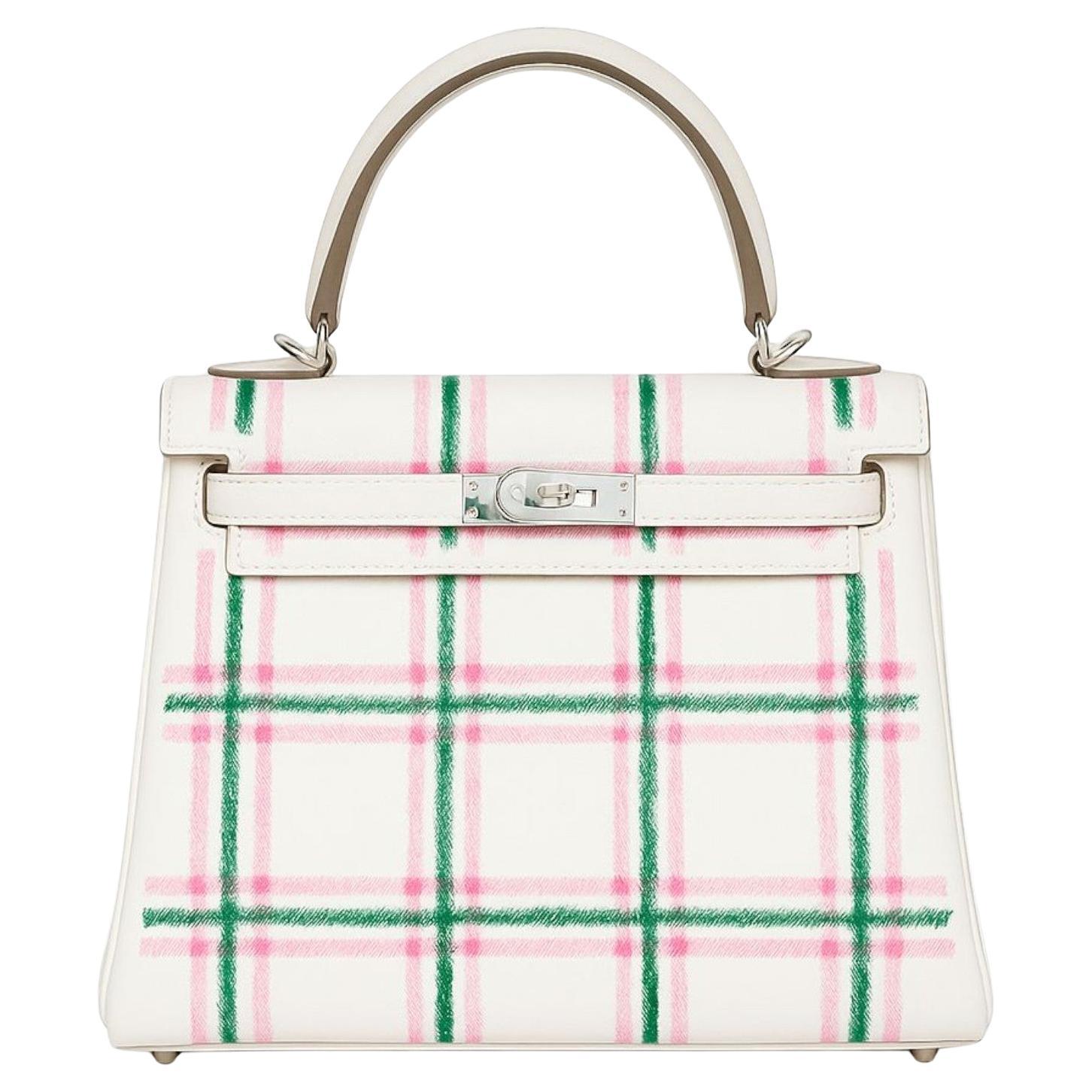 BNIB Hermès Kelly 25 Sellier Tartan Pattern White Leather Handbag PHW in vendita