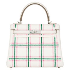BNIB Hermès Kelly 25 Sellier Tartan Pattern White Leather Handbag PHW