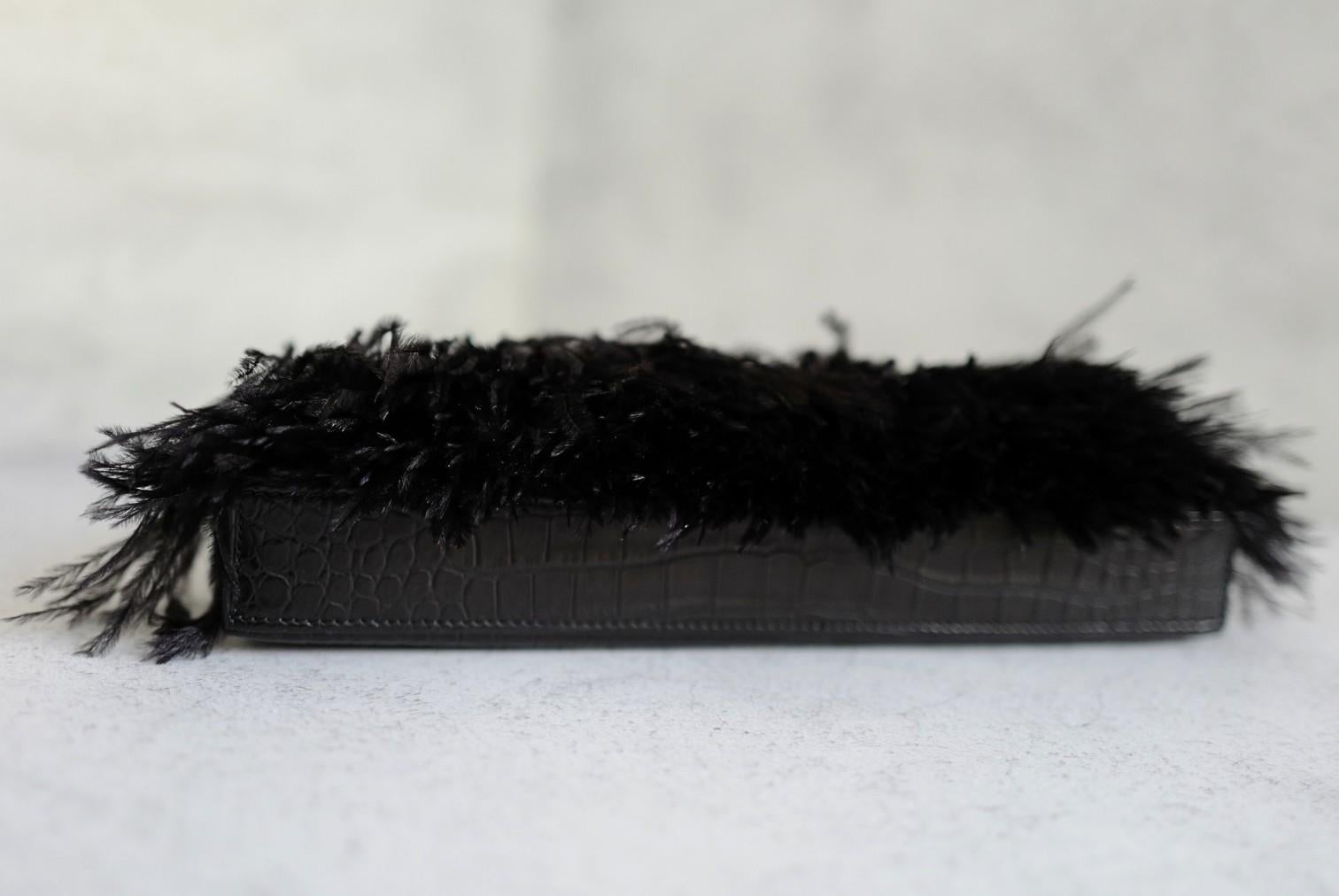 Women's BNIB Hermès Kelly Elan Folie Noir Matte Porosus Crocodile Ostrich Feather PHW For Sale