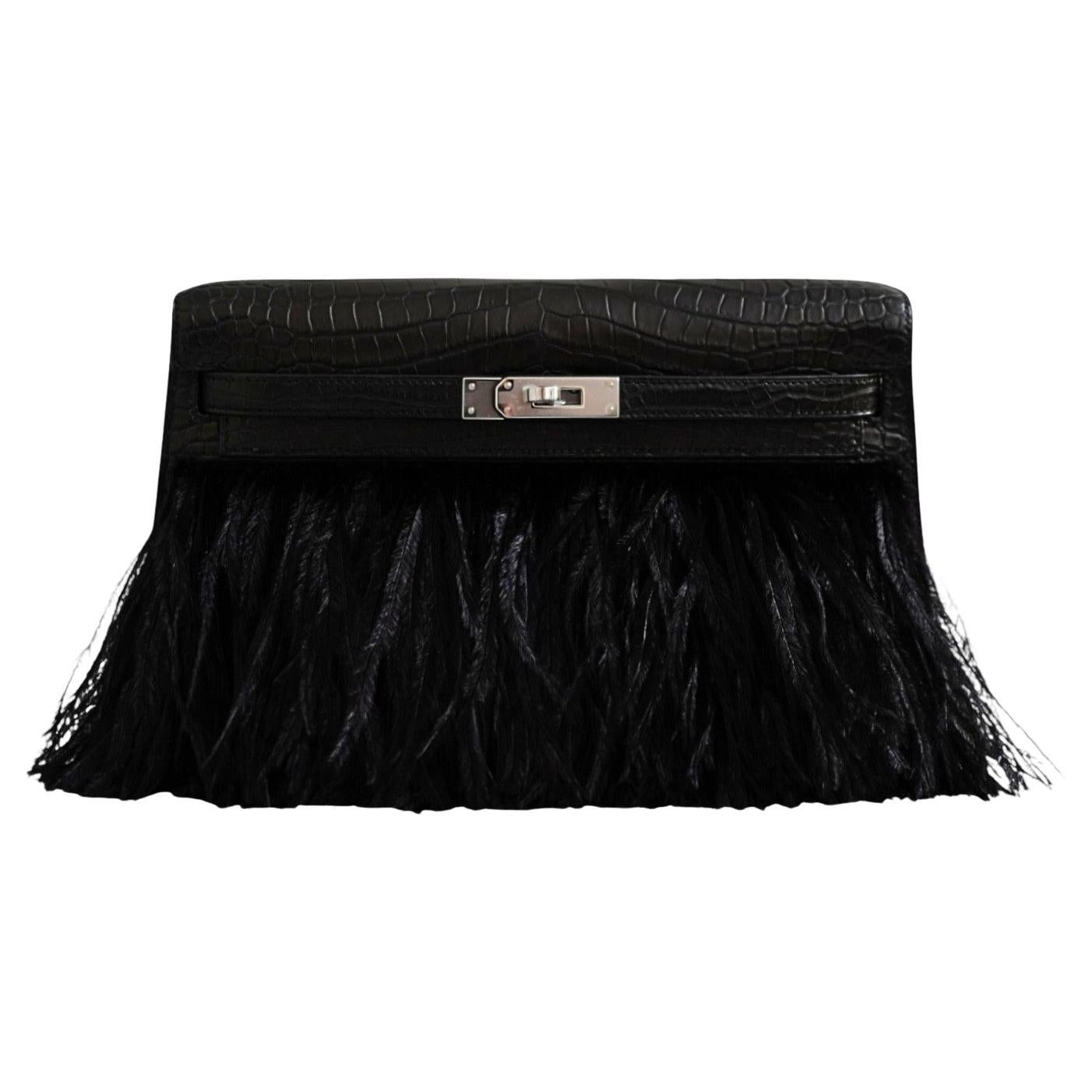 BNIB Hermès Kelly Elan Folie Noir Matte Porosus Crocodile Ostrich Feather PHW For Sale