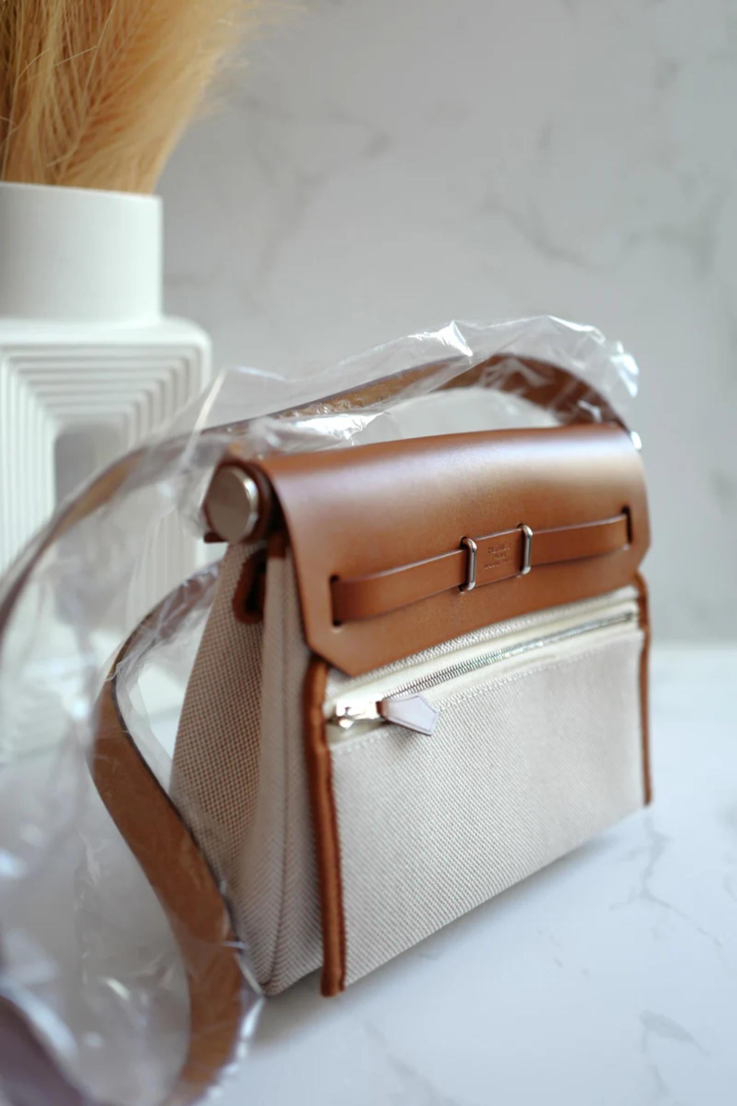 BNIB Hermes Mini Herbag Fauve/Ecru with Palladium Hardware For Sale 14