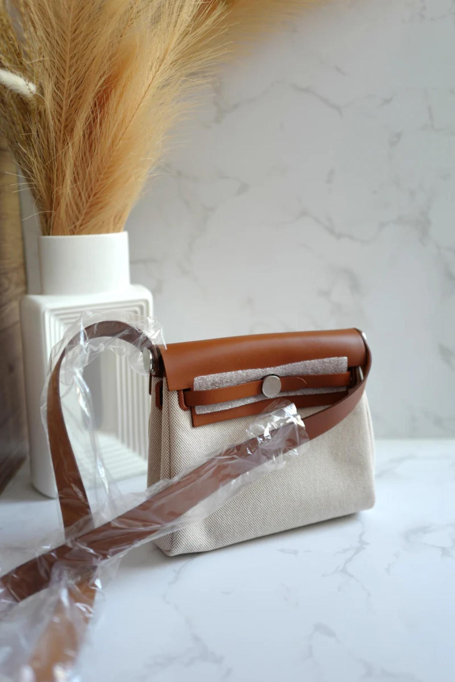 BNIB Hermes Mini Herbag Fauve/Ecru with Palladium Hardware For Sale 15