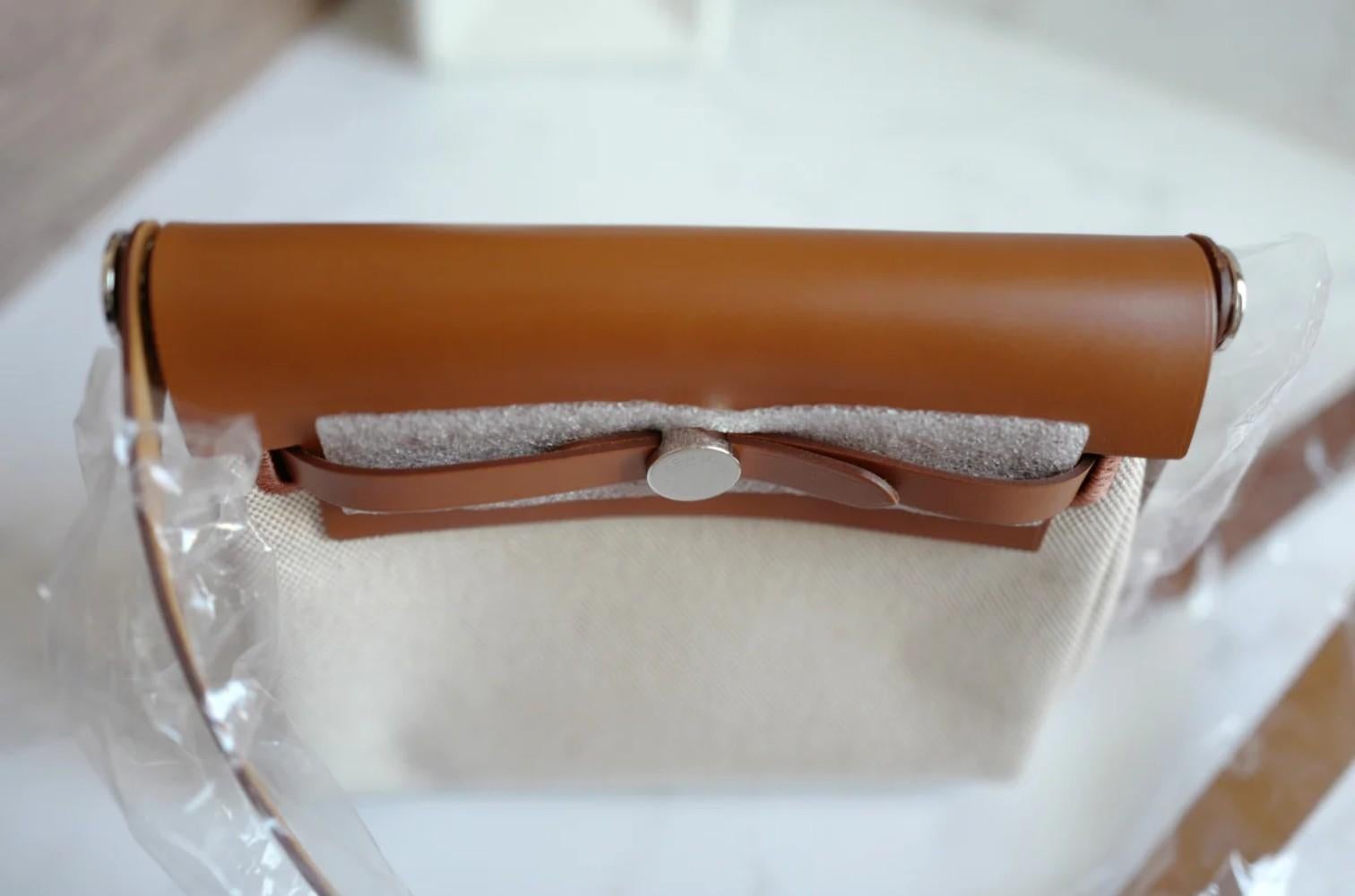 BNIB Hermes Mini Herbag Fauve/Ecru with Palladium Hardware In New Condition For Sale In Forest Park, GA