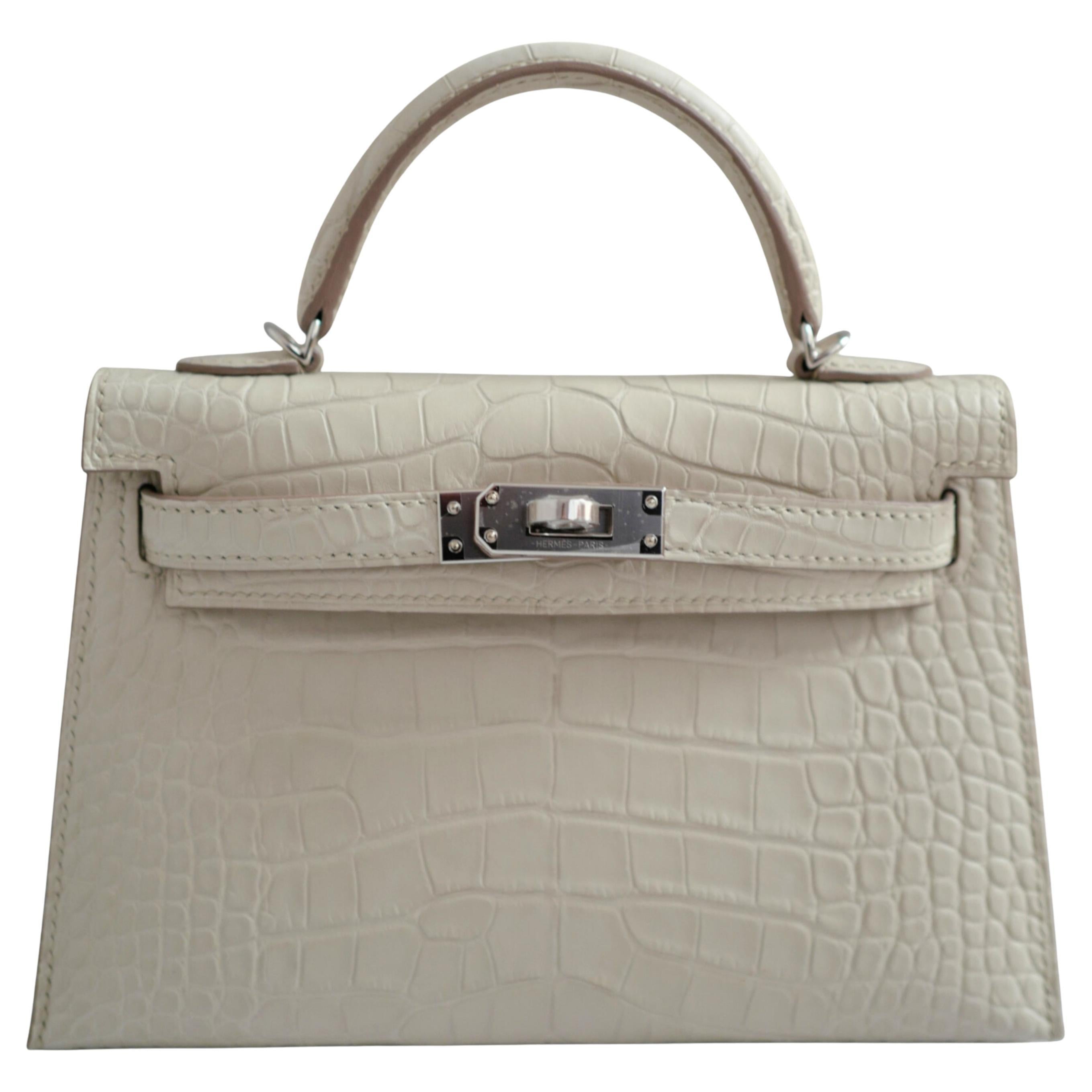 BNIB Hermès Mini Kelly 20 Beton Matte Crocodile with Palladium Hardware Stamp K For Sale