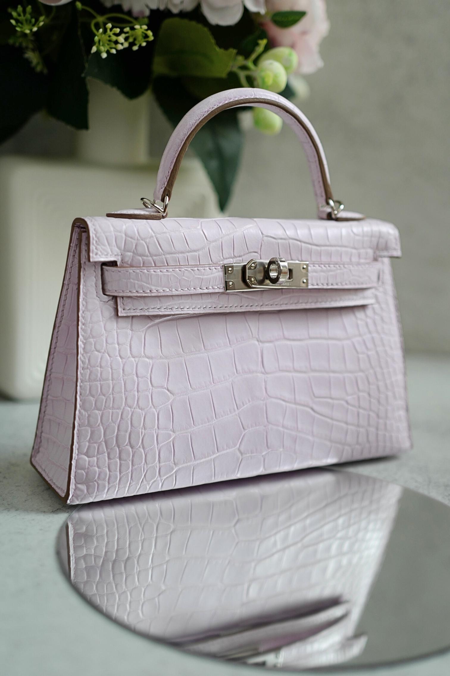 BNIB Hermès Mini Kelly 20 Mauve Pale Matte Alligator Palladium Hardware K Stempel im Angebot 14