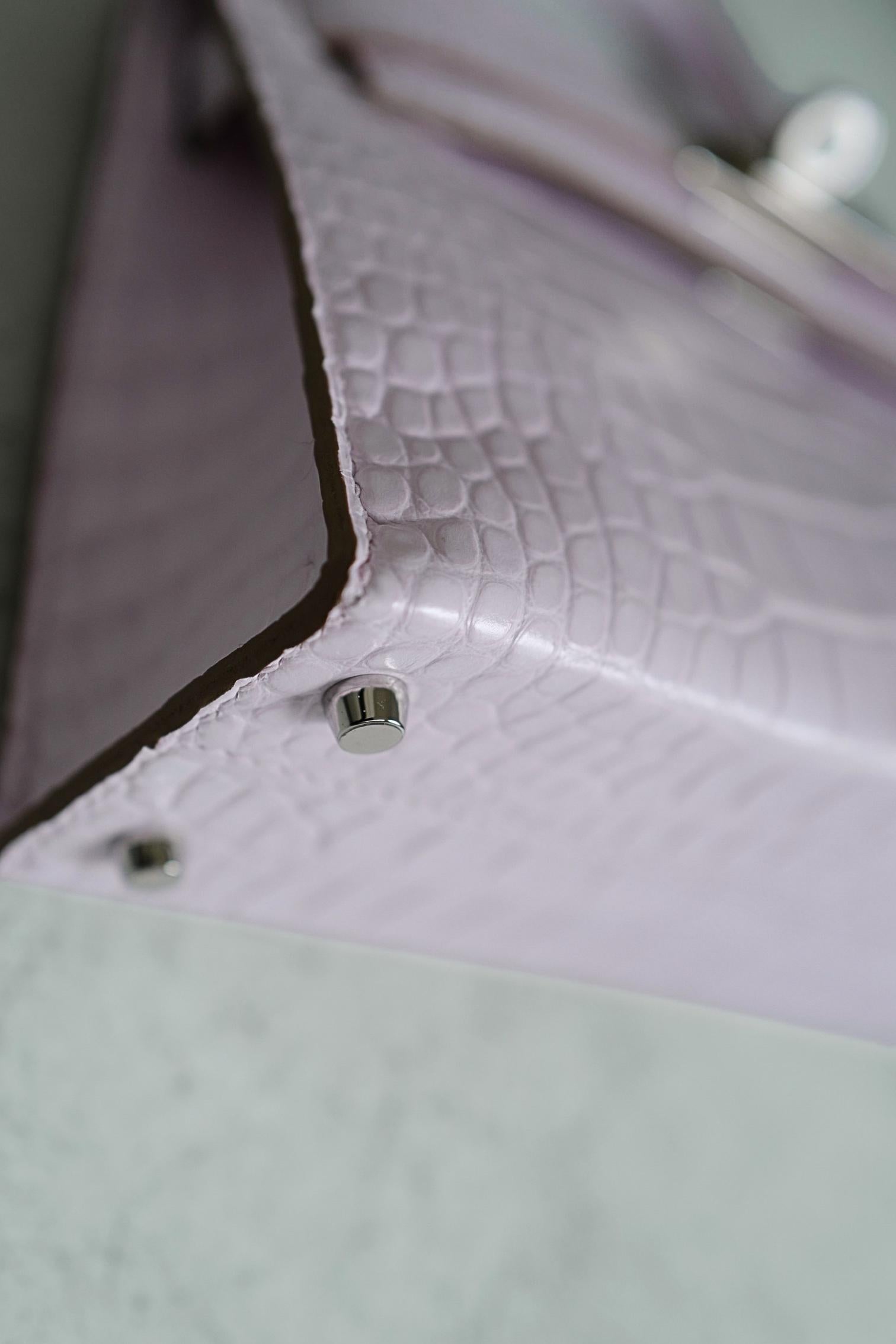 BNIB Hermès Mini Kelly 20 Mauve Pale Matte Alligator Palladium Hardware K Stempel im Angebot 5