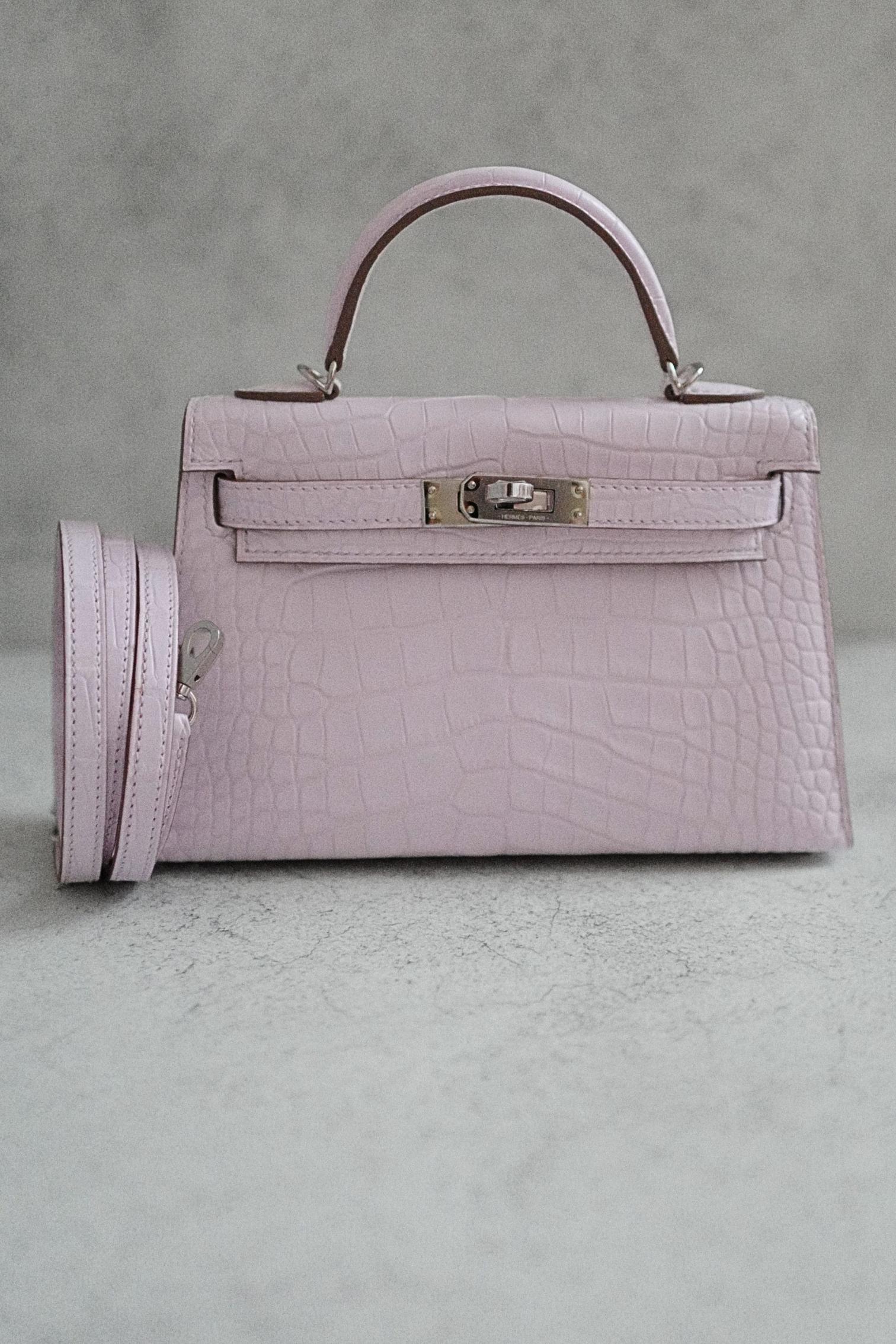 BNIB Hermès Mini Kelly 20 Mauve Pale Matte Alligator Palladium Hardware K Stempel im Angebot 15