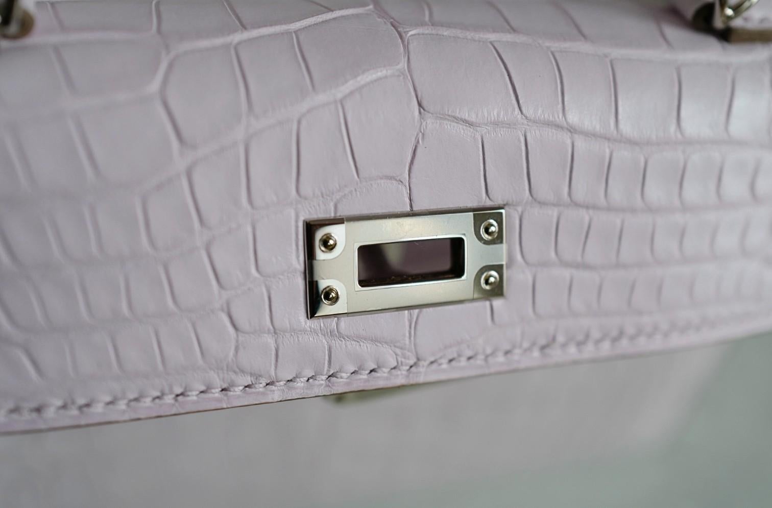 BNIB Hermès Mini Kelly 20 Mauve Pale Matte Alligator Palladium Hardware K Stempel im Angebot 6