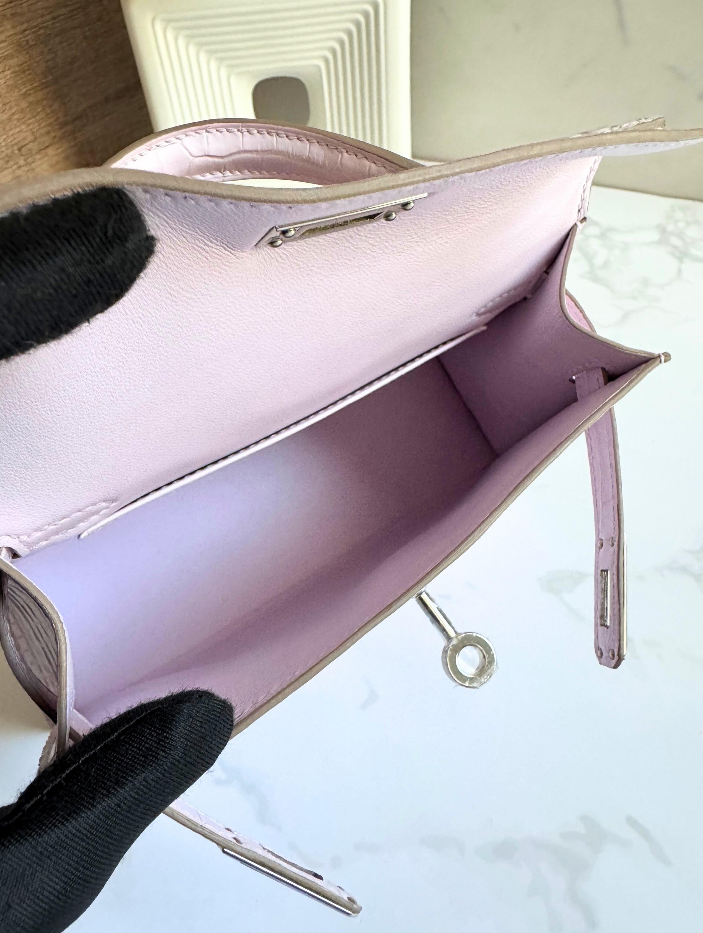 BNIB Hermès Mini Kelly 20 Mauve Pale Matte Alligator Palladium Hardware K Stamp in vendita 13