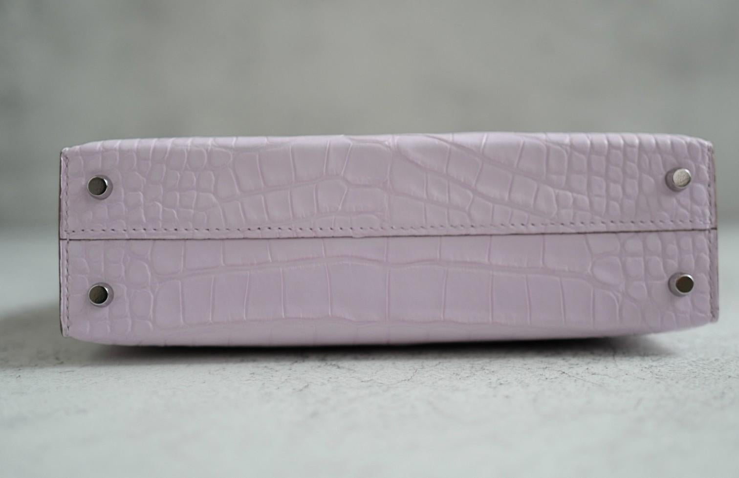 BNIB Hermès Mini Kelly 20 Mauve Pale Matte Alligator Palladium Hardware K Stempel Damen im Angebot