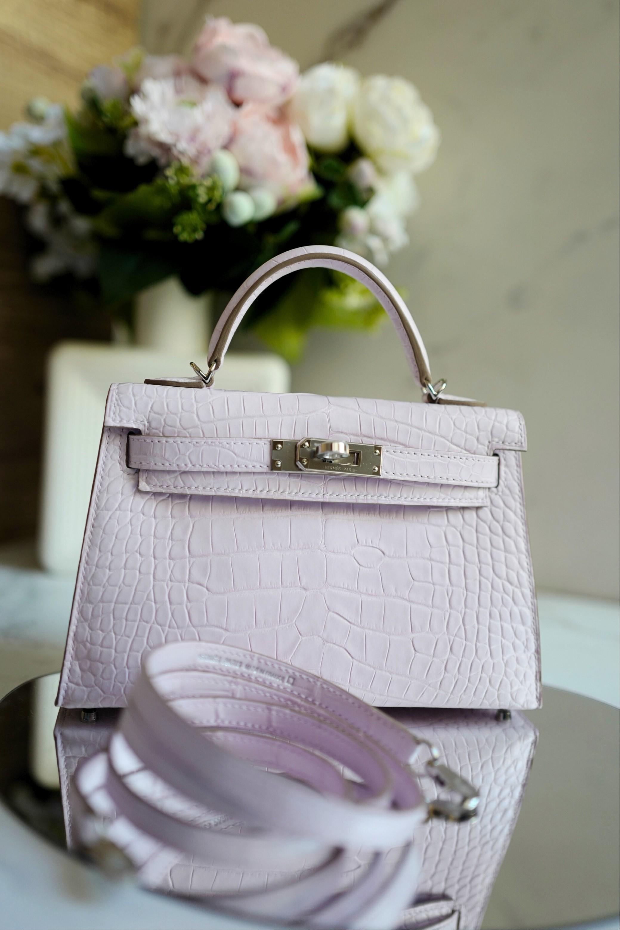 BNIB Hermès Mini Kelly 20 Mauve Pale Matte Alligator Palladium Hardware K Stamp in vendita 15