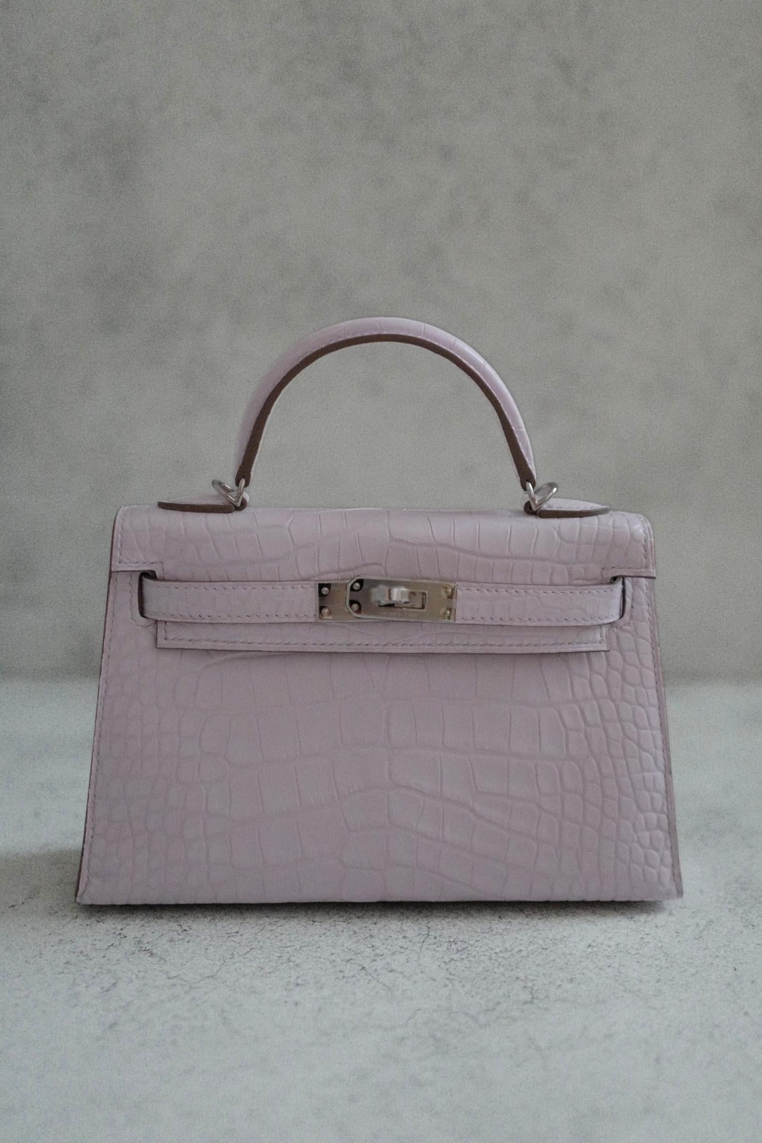 BNIB Hermès Mini Kelly 20 Mauve Pale Matte Alligator Palladium Hardware K Stempel im Angebot 9