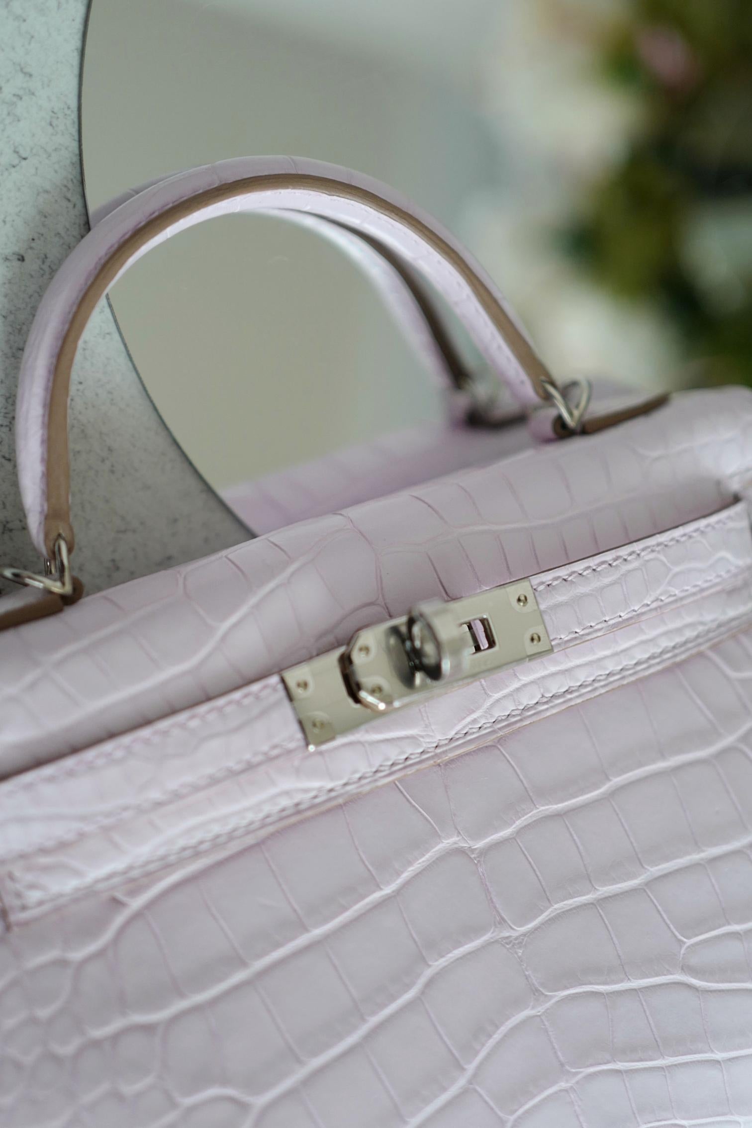 BNIB Hermès Mini Kelly 20 Mauve Pale Matte Alligator Palladium Hardware K Stempel im Angebot 10