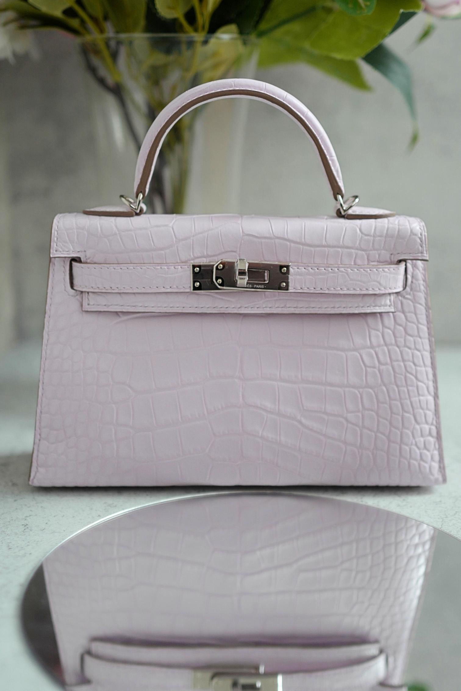 BNIB Hermès Mini Kelly 20 Mauve Pale Matte Alligator Palladium Hardware K Stempel im Angebot 3