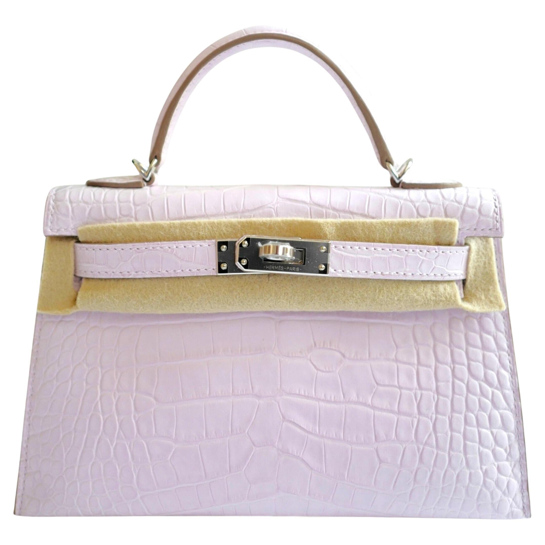 BNIB Hermès Mini Kelly 20 Mauve Pale Matte Alligator Palladium Hardware K Stamp in vendita