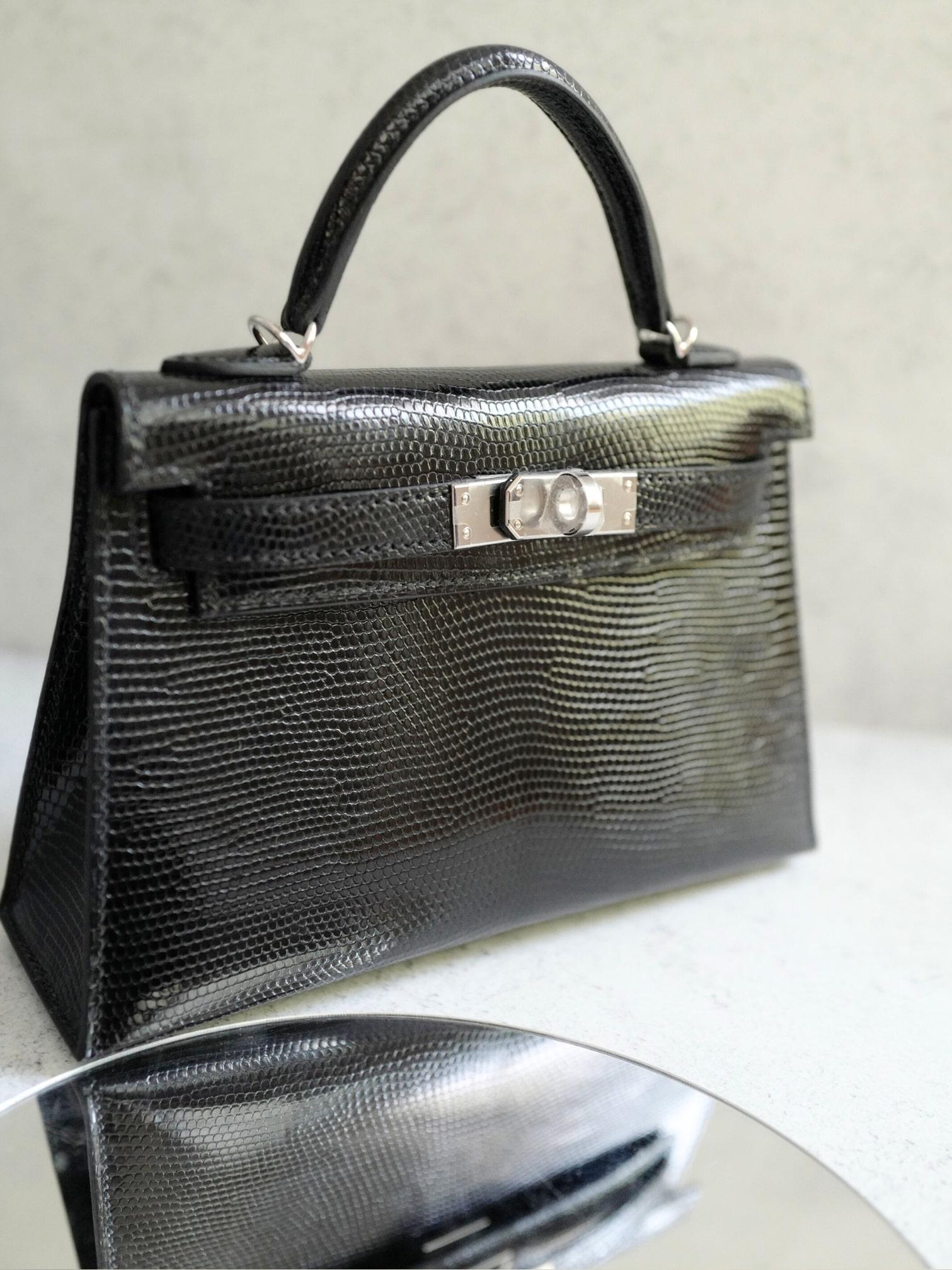 BNIB Hermès Mini Kelly 20 Noir Black Lizard Palladium Hardware Stamp W 2025 en venta 7