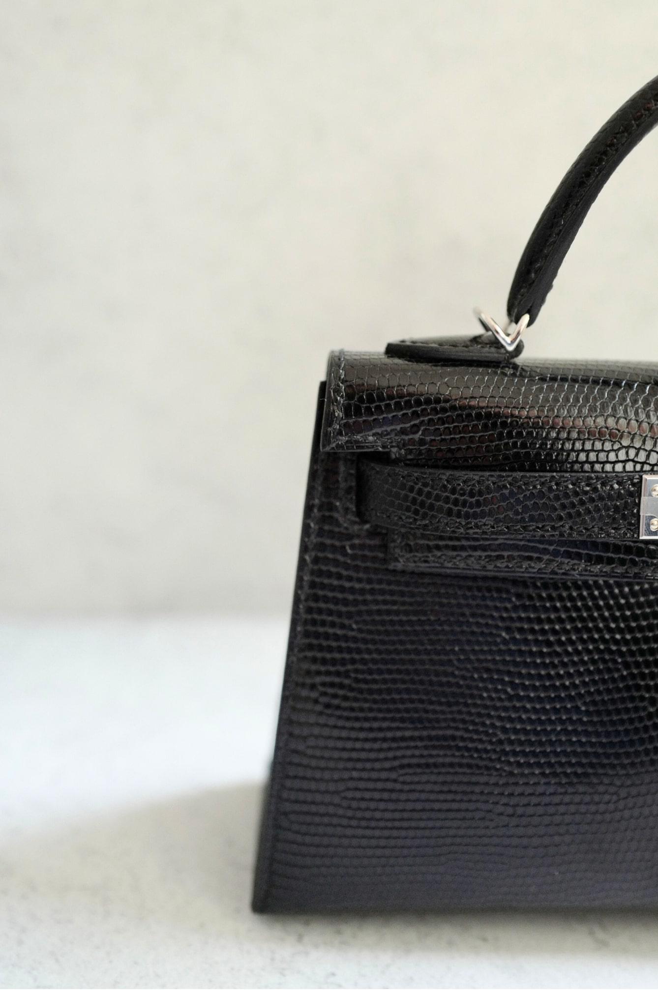 BNIB Hermès Mini Kelly 20 Noir Black Lizard Palladium Hardware Stamp W 2025 en venta 8
