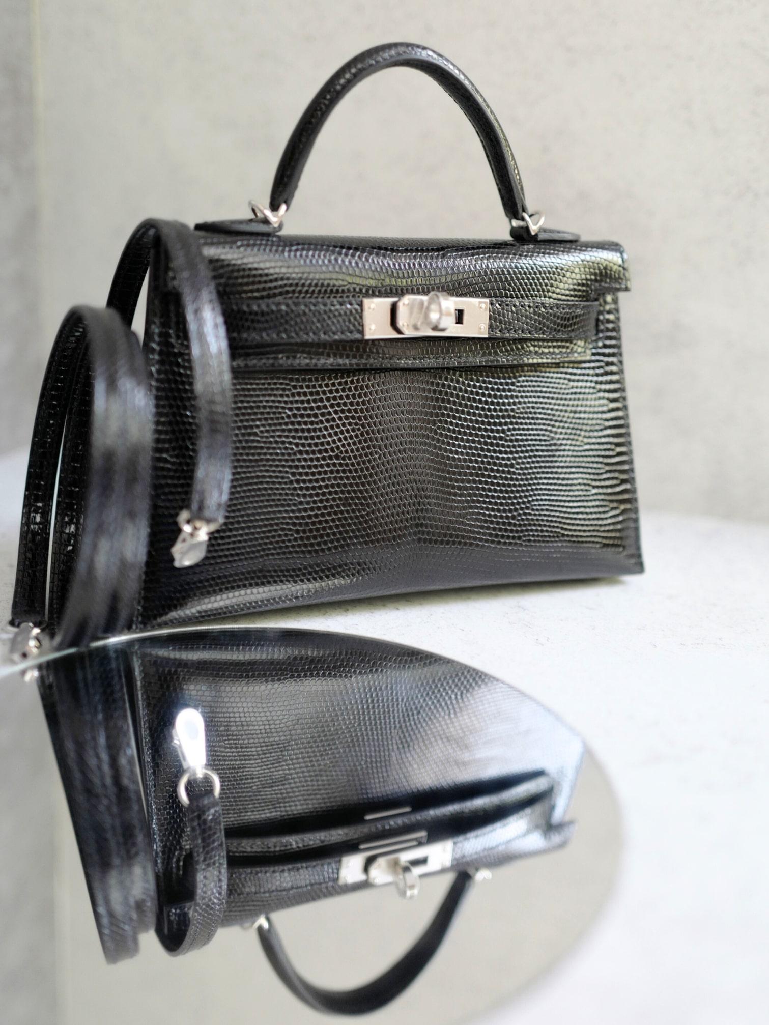 BNIB Hermès Mini Kelly 20 Noir Black Lizard Palladium Hardware Stamp W 2025 en venta 9