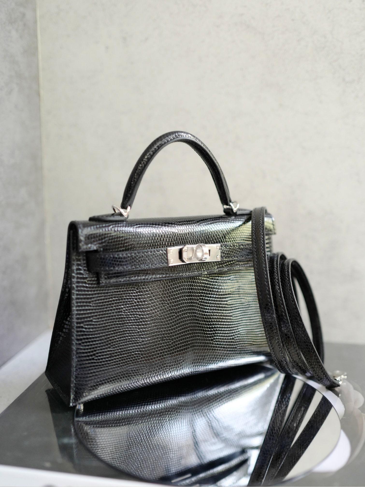 BNIB Hermès Mini Kelly 20 Noir Black Lizard Palladium Hardware Stamp W 2025 en venta 10