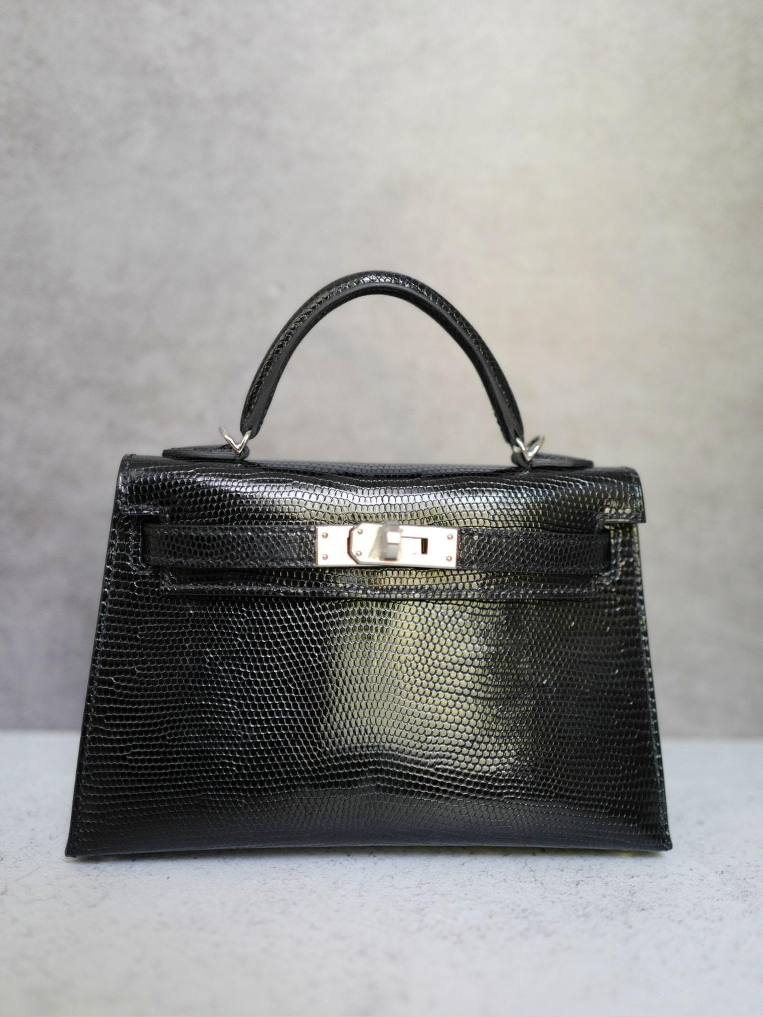 BNIB Hermès Mini Kelly 20 Noir Black Lizard Palladium Hardware Stamp W 2025 en venta 11